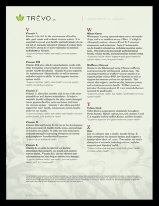 © TRÉVO llc 02/2010
V
Vitamin A
Vitamin A is vital for the maintenance of healthy
skin, good vision, and a robust immune system. It is
essential to overall good health, and individuals who do
not get an adequate amount of vitamin A in their diets
have been shown to be more vulnerable to infection
and infectious diseases.
*Supports cellular health, eye health, immune system
health
Vitamin B12
Vitamin B12, also called cyanocobalamin, works with
other B vitamins to turn food into energy. It is needed
to form healthy blood cells. Vitamin B12 also supports
the maintenance of heart health as well as memory
and other cognitive skills. It also supports immune
system health.
*Supports cellular health, heart health, immune system
health, mental focus/energy
Vitamin C
Vitamin C, also called ascorbic acid, is one of the more
powerful and well-known antioxidants. It helps to
maintain healthy collagen in the skin, repair damaged
tissue, promote healthy teeth and bones, and boost
the immune system. Vitamin C also offers powerful
support for heart health, autoimmune system health,
and even eye health.
*Supports cellular health, eye health, heart health, immune
system health, joint and bone health
Vitamin D
Vitamin D is best known for its role in the development
and maintenance of healthy teeth, bones, and cartilage
in children and adults. It helps the body keep bones
and teeth strong by increasing absorption of calcium
and phosphorus from the small intestine.
*Supports joint and bone health
Vitamin E
Vitamin E, or alpha-tocopherol, is a leading
antioxidant that supports eye health and immune
system health. Vitamin E is also an effective anti-
inflammatory and may help to prevent sun damage.
*Supports cellular health, eye health, immune system
health, joint and bone health
W
Wheat Grass
Wheatgrass is young sprouted wheat one to two weeks
of age, and is an excellent source of fiber. It is high in
chlorophyll, calcium, vitamins C and E, B vitamins,
magnesium, and potassium. Some 17 amino acids
can be found in wheatgrass, including essential amino
acids. Wheat grass helps support gastrointestinal
health, cellular health, and autoimmune system health.
*Supports cellular health, digestive and gastrointestinal
system health, immune system health
Wolfberry Extract
Similar to the Tibetan goji berry, Chinese wolfberry
is grown primarily in China and eastern Asia. The
amazing properties of wolfberry extract enable it to
support proper cellular DNA development as well as
support the immune system and eye health. This
extract also supports cardiovascular, immune system,
and autoimmune system health. Wolfberry extract
provides 18 amino acids and 21 trace minerals that are
essential for good health.
*Supports cellular health, eye health, heart health, immune
system health
Y
Yellow Dock
Yellow Dock is a plant grown abundantly throughout
North America. Rich in calcium, iron, and vitamins A and
C, it supports healthy bladder, kidney, and liver function.
*Supports digestive and gastrointestinal system health
Z
Zinc
Zinc is a mineral that is vital to healthy living. It
helps strengthen the immune system and supports a
healthy white blood cell count. Zinc aids in the body’s
absorption of minerals, including calcium, and also
supports good digestive health.
*Supports digestive and gastrointestinal system health,
immune system health
INGREDIENT GLOSSARY
THE STATEMENTS MADE HEREIN HAVE NOT BEEN EVALUATED BY THE FDA (U.S. FOOD & DRUG ADMINISTRATION). OUR PRODUCTS ARE NOT INTENDED TO DIAGNOSE, CURE OR
PREVENT ANY DISEASE. IF A CONDITION PERSISTS, PLEASE CONTACT YOUR PHYSICIAN. THE INFORMATION PROVIDED BY THIS WEBSITE OR THIS COMPANY IS NOT A SUBSTITUTE
FOR A FACE-TO-FACE CONSULTATION WITH YOUR PHYSICIAN, AND SHOULD NOT BE CONSTRUED AS INDIVIDUAL MEDICAL ADVICE. THE TESTIMONIALS ON THIS WEBSITE ARE
INDIVIDUAL CASES AND DO NOT GUARANTEE THAT YOU WILL GET THE SAME RESULTS.
 