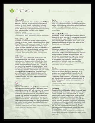 © TRÉVO llc 02/2010
F
Flaxseed Oil
Flaxseed oil is rich in alpha-linolenic acid (ALA), an
Omega-3 essential fatty acid that offers powerful
support for heart health. Additionally, it helps
support the maintenance of healthy cholesterol
levels. Flaxseed oil also provides anti-inflammatory
joint health support and even helps support
digestive health.
*Supports cholesterol health, digestive and
gastrointestinal health, heart health, joint and bone health
Folate (Folic Acid)
Essential for normal cell growth and healthy blood,
folate is the form of vitamin B found naturally in foods.
One of the most well-researched areas of the benefits
of folate concerns the proper development of a fetus.
Folate is critical to neural tube health in newborns. It
also provides powerful cardiovascular system support
and even appears to help promote DNA health.
*Supports cellular health, heart health, women’s health
Fulvic Acid
Fulvic acid is one of the world's most complex and
diverse substances. The DNA of every living or
extinct species of organism on earth, whether plant,
animal or micro-organism, has eventually become a
highly-refined component of fulvic acid. It is one of
the most crucial factors in the maintenance of good
health. When fulvic is present in the body, nutrients
are dissolved into their simplest ionic form and quickly
transported into the body’s cells. Fulvic acid is so
powerful that one single fulvic molecule is capable
of carrying 60 or more minerals and trace elements
directly into cells. It is also a powerful antioxidant.
*Supports cellular health
G
Gac Fruit
Popular in South East Asia, gac fruit is packed full of
beta carotene, lycopene, vitamin C, and other strong
antioxidants that not only help to support the immune
system, but also help retard the effects of aging.
Laboratory testing and scientific research have shown
that gac fruit contains 70 times more lycopene than
tomatoes, 20 times more beta carotene than carrots,
40 times more vitamin C than oranges, and 40 times
more zeaxanthin than yellow corn. Gac fruit supports
eye health, immune system health, joint health, and
cardiovascular health.
*Supports cellular health, eye health, heart health, immune
system health, joint and bone health
Garlic
Garlic has long been considered an herbal "wonder
drug.” Its powerful antioxidant properties make garlic
a great nutrient for the maintenance of heart health as
well as a strengthened immune system.
*Supports blood pressure health, heart health, immune
system health
Glucono Delta Lactone
Also known as GDL, glucono delta lactone is found in
honey, fruit juices, and wine. It adds a tangy taste and
is metabolized to sugar. GDL is soluble in water, non-
toxic and completely metabolized in our bodies. GDL
does not contain lactose or gluten and, being derived
from rice, is corn-free as well.
Glutathione
Glutathione is a powerful antioxidant found within
every cell. Glutathione plays a role in nutrient
metabolism and regulation of cellular events including
gene expression, DNA and protein synthesis, cell
growth, and immune response. It provides immune
system and cardiovascular system support as well
as neurological system support. Food sources of
glutathione are primarily fruits and vegetables.
*Supports cellular health, central nervous system health,
heart health, immune system health
Glycine
Glycine is a sweet-tasting, non-essential amino acid
found in the protein of all living organisms. It is
an important factor in the body's manufacture of
hormones responsible for a strong immune system.
Glycine also helps make DNA, skin proteins, collagen,
and phospholipids (which make cell membranes). It
helps the body absorb calcium and supports nervous
system health.
*Supports cellular health, central nervous system health,
immune system health
Goji Fruit
Found in Tibet and Mongolia, goji berries contain more
protein than whole wheat, more beta carotene than
carrots, and 500 times more vitamin C by weight
than oranges. Goji is known as the “longevity fruit”
because it contains powerful antioxidants that
help defend against premature aging and fight free
radical damage. It appears to stimulate the release
of human growth hormone (hGH), sometimes called
the “youth hormone.” The nutritional properties of
goji fruit also support a healthy immune system,
digestive system, cardiovascular system, and even
liver and kidney health.
*Supports cellular health, digestive and gastrointestinal
system health, heart health, immune system health, urinary
tract health
INGREDIENT GLOSSARY
 