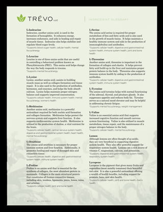 © TRÉVO llc 02/2010
L-Isoleucine
Isoleucine, another amino acid, is used in the
formation of hemoglobin. It enhances energy,
increases endurance, and aids in healing and repair
of muscle tissue. Isoleucine also helps stabilize and
regulate blood sugar levels.
*Supports blood sugar health, cellular health, mental
focus/energy
L-Leucine
Leucine is one of three amino acids that are useful
in controlling a behavioral problem known as
Phenykletonuria (PKU). This amino acid helps change
the way the body responds to trauma.
*Supports mental focus/energy
L-Lysine
Lysine, another amino acid, assists in building
muscle mass as well as collagen formation and tissue
repair. It is also used in the production of antibodies,
hormones, and enzymes, and helps the body absorb
calcium. Lysine helps maintain proper nitrogen
balance and supports improved concentration.
*Supports cellular health, immune system health, mental
focus/energy, women’s health
L-Methionine
Another amino acid, methionine is a powerful
antioxidant required for both nucleic acid formation
and collagen formation. Methionine helps protect the
nervous system and supports liver function. It also
supports cardiovascular system health. Methionine is
utilized in the production of choline, a vital nutrient for
the brain.
*Supports cellular health, central nervous system health,
digestive and gastrointestinal system health, heart health,
mental focus/energy
L-Ornithine
The amino acid ornithine is necessary for proper
immune system and liver function. Additionally, it
promotes healing and repair of damaged skin and
connective tissue.
*Supports cellular health, digestive and gastrointestinal
system health, immune system health
L-Proline
Proline is an amino acid that is essential for the
synthesis of collagen, the most abundant protein in
mammals. Collagen is the main structural protein
that constitutes all human connective tissues,
including skin, tendons, ligaments, joints, bones, veins,
and arteries.
*Supports cellular health, joint and bone health
L-Serine
The amino acid serine is required for proper
metabolism of fats and fatty acids and is also used
in the growth of muscle tissue. It helps maintain a
healthy immune system and aids in the production of
immunoglobulins and antibodies.
*Supports cellular health, digestive and gastrointestinal
system health, immune system health, joint and bone
health
L-Threonine
Another amino acid, threonine is important in the
formation of collagen and elastin. It helps prevent
fatty acid build-up in the liver and maintains proper
protein balance in the body. Threonine also supports
immune system health by aiding in the production of
antibodies.
*Supports cellular health, digestive and gastrointestinal
system health, immune system health
L-Tyrosine
The amino acid tyrosine helps with normal functioning
of the adrenal, thyroid, and pituitary glands. It also
suppresses appetite and reduces body fat. Tyrosine
serves as a natural mood elevator and may be helpful
in addressing chronic fatigue.
*Supports mental focus/energy, weight management
L-Valine
Valine is an essential amino acid that supports
increased cognitive function and smooth nervous
system functioning. Valine is also utilized in muscle
metabolism, tissue repair, and the maintenance of a
proper nitrogen balance in the body.
*Supports cellular health, mental focus/energy
Lemon
Although lemons are often thought of as acidic,
they are very beneficial in supporting digestive
system health. They also offer powerful support for
respiratory system health. Lemons are a rich source of
vitamin C, magnesium, calcium, and potassium.
*Supports digestive and gastrointestinal system health,
respiratory system health
Lycopene
Lycopene is the pigment that gives many fruits and
vegetables (most notably tomatoes) their beautiful
red color. It is also a powerful antioxidant offering
a wealth of health benefits, including support for
prostate, bone, and skin health.
*Supports cellular health, joint and bone health, men’s
health
INGREDIENT GLOSSARY
 