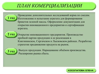 ПЛАН КОМЕРЦИАЛИЗАЦИИ
        Проведение дополнительных исследований корма по смесям.
1 год   Изготовление и испытание агрегата для формирования
        брикетов зеленой массы. Оформление документации для
        открытия инновационного предприятия и сертификации
        агрегата.

2 год Открытие инновационного предприятия. Производство
        пробной партии продукции и ее реализация в
        Княгининском, Сергачском и Лысковском районах. Разработка
        стратегии продвижения продукта на рынок.

3 год   Выпуск продукции. Наращивание объѐмов производства.
        Расширение рынка сбыта.
 