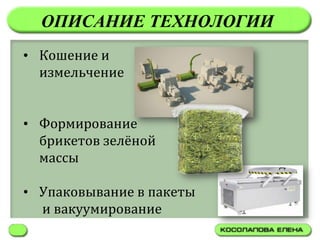 ОПИСАНИЕ ТЕХНОЛОГИИ
• Кошение и
  измельчение


• Формирование
  брикетов зелёной
  массы

• Упаковывание в пакеты
  и вакуумирование
 