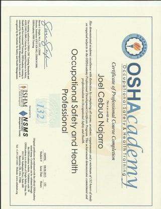 OSHA 132 Hours with Certificates # 104956