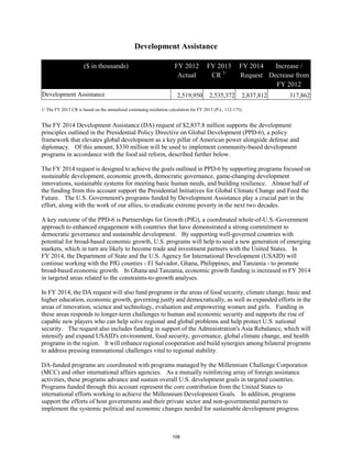 Development Assistance 
($ in thousands) FY 2012 
Actual 
FY 2013 
CR 1/ 
FY 2014 
Request 
Increase / 
Decrease from 
FY 2012 
Development Assistance 2,519,950 2,535,372 2,837,812 317,862 
1/ The FY 2013 CR is based on the annualized continuing resolution calculation for FY 2013 (P.L. 112-175). 
The FY 2014 Development Assistance (DA) request of $2,837.8 million supports the development 
principles outlined in the Presidential Policy Directive on Global Development (PPD-6), a policy 
framework that elevates global development as a key pillar of American power alongside defense and 
diplomacy. Of this amount, $330 million will be used to implement community-based development 
programs in accordance with the food aid reform, described further below. 
The FY 2014 request is designed to achieve the goals outlined in PPD-6 by supporting programs focused on 
sustainable development, economic growth, democratic governance, game-changing development 
innovations, sustainable systems for meeting basic human needs, and building resilience. Almost half of 
the funding from this account support the Presidential Initiatives for Global Climate Change and Feed the 
Future. The U.S. Government's programs funded by Development Assistance play a crucial part in the 
effort, along with the work of our allies, to eradicate extreme poverty in the next two decades. 
A key outcome of the PPD-6 is Partnerships for Growth (PfG), a coordinated whole-of-U.S.-Government 
approach to enhanced engagement with countries that have demonstrated a strong commitment to 
democratic governance and sustainable development. By supporting well-governed countries with 
potential for broad-based economic growth, U.S. programs will help to seed a new generation of emerging 
markets, which in turn are likely to become trade and investment partners with the United States. In 
FY 2014, the Department of State and the U.S. Agency for International Development (USAID) will 
continue working with the PfG counties - El Salvador, Ghana, Philippines, and Tanzania - to promote 
broad-based economic growth. In Ghana and Tanzania, economic growth funding is increased in FY 2014 
in targeted areas related to the constraints-to-growth analyses. 
In FY 2014, the DA request will also fund programs in the areas of food security, climate change, basic and 
higher education, economic growth, governing justly and democratically, as well as expanded efforts in the 
areas of innovation, science and technology, evaluation and empowering women and girls. Funding in 
these areas responds to longer-term challenges to human and economic security and supports the rise of 
capable new players who can help solve regional and global problems and help protect U.S. national 
security. The request also includes funding in support of the Administration's Asia Rebalance, which will 
intensify and expand USAID's environment, food security, governance, global climate change, and health 
programs in the region. It will enhance regional cooperation and build synergies among bilateral programs 
to address pressing transnational challenges vital to regional stability. 
DA-funded programs are coordinated with programs managed by the Millennium Challenge Corporation 
(MCC) and other international affairs agencies. As a mutually reinforcing array of foreign assistance 
activities, these programs advance and sustain overall U.S. development goals in targeted countries. 
Programs funded through this account represent the core contribution from the United States to 
international efforts working to achieve the Millennium Development Goals. In addition, programs 
support the efforts of host governments and their private sector and non-governmental partners to 
implement the systemic political and economic changes needed for sustainable development progress. 
108 
 