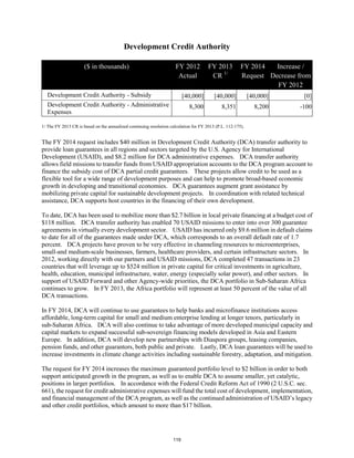 Development Credit Authority 
($ in thousands) FY 2012 
Actual 
FY 2013 
CR 1/ 
FY 2014 
Request 
Increase / 
Decrease from 
FY 2012 
Development Credit Authority - Subsidy [40,000] [40,000] [40,000] [0] 
Development Credit Authority - Administrative 
8,300 8,351 8,200 -100 
Expenses 
1/ The FY 2013 CR is based on the annualized continuing resolution calculation for FY 2013 (P.L. 112-175). 
The FY 2014 request includes $40 million in Development Credit Authority (DCA) transfer authority to 
provide loan guarantees in all regions and sectors targeted by the U.S. Agency for International 
Development (USAID), and $8.2 million for DCA administrative expenses. DCA transfer authority 
allows field missions to transfer funds from USAID appropriation accounts to the DCA program account to 
finance the subsidy cost of DCA partial credit guarantees. These projects allow credit to be used as a 
flexible tool for a wide range of development purposes and can help to promote broad-based economic 
growth in developing and transitional economies. DCA guarantees augment grant assistance by 
mobilizing private capital for sustainable development projects. In coordination with related technical 
assistance, DCA supports host countries in the financing of their own development. 
To date, DCA has been used to mobilize more than $2.7 billion in local private financing at a budget cost of 
$118 million. DCA transfer authority has enabled 70 USAID missions to enter into over 300 guarantee 
agreements in virtually every development sector. USAID has incurred only $9.6 million in default claims 
to date for all of the guarantees made under DCA, which corresponds to an overall default rate of 1.7 
percent. DCA projects have proven to be very effective in channeling resources to microenterprises, 
small-and medium-scale businesses, farmers, healthcare providers, and certain infrastructure sectors. In 
2012, working directly with our partners and USAID missions, DCA completed 47 transactions in 23 
countries that will leverage up to $524 million in private capital for critical investments in agriculture, 
health, education, municipal infrastructure, water, energy (especially solar power), and other sectors. In 
support of USAID Forward and other Agency-wide priorities, the DCA portfolio in Sub-Saharan Africa 
continues to grow. In FY 2013, the Africa portfolio will represent at least 50 percent of the value of all 
DCA transactions. 
In FY 2014, DCA will continue to use guarantees to help banks and microfinance institutions access 
affordable, long-term capital for small and medium enterprise lending at longer tenors, particularly in 
sub-Saharan Africa. DCA will also continue to take advantage of more developed municipal capacity and 
capital markets to expand successful sub-sovereign financing models developed in Asia and Eastern 
Europe. In addition, DCA will develop new partnerships with Diaspora groups, leasing companies, 
pension funds, and other guarantors, both public and private. Lastly, DCA loan guarantees will be used to 
increase investments in climate change activities including sustainable forestry, adaptation, and mitigation. 
The request for FY 2014 increases the maximum guaranteed portfolio level to $2 billion in order to both 
support anticipated growth in the program, as well as to enable DCA to assume smaller, yet catalytic, 
positions in larger portfolios. In accordance with the Federal Credit Reform Act of 1990 (2 U.S.C. sec. 
661), the request for credit administrative expenses will fund the total cost of development, implementation, 
and financial management of the DCA program, as well as the continued administration of USAID’s legacy 
and other credit portfolios, which amount to more than $17 billion. 
119 
 