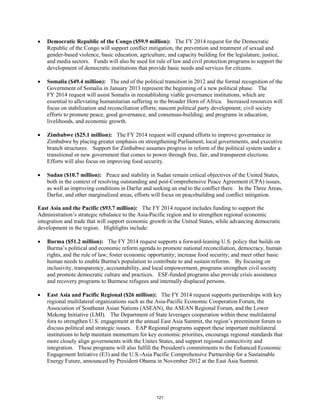 • Democratic Republic of the Congo ($59.9 million): The FY 2014 request for the Democratic 
Republic of the Congo will support conflict mitigation, the prevention and treatment of sexual and 
gender-based violence, basic education, agriculture, and capacity building for the legislature, justice, 
and media sectors. Funds will also be used for rule of law and civil protection programs to support the 
development of democratic institutions that provide basic needs and services for citizens. 
• Somalia ($49.4 million): The end of the political transition in 2012 and the formal recognition of the 
Government of Somalia in January 2013 represent the beginning of a new political phase. The 
FY 2014 request will assist Somalis in reestablishing viable governance institutions, which are 
essential to alleviating humanitarian suffering in the broader Horn of Africa. Increased resources will 
focus on stabilization and reconciliation efforts; nascent political party development; civil society 
efforts to promote peace, good governance, and consensus-building; and programs in education, 
livelihoods, and economic growth. 
• Zimbabwe ($25.1 million): The FY 2014 request will expand efforts to improve governance in 
Zimbabwe by placing greater emphasis on strengthening Parliament, local governments, and executive 
branch structures. Support for Zimbabwe assumes progress in reform of the political system under a 
transitional or new government that comes to power through free, fair, and transparent elections. 
Efforts will also focus on improving food security. 
• Sudan ($10.7 million): Peace and stability in Sudan remain critical objectives of the United States, 
both in the context of resolving outstanding and post-Comprehensive Peace Agreement (CPA) issues, 
as well as improving conditions in Darfur and seeking an end to the conflict there. In the Three Areas, 
Darfur, and other marginalized areas, efforts will focus on peacebuilding and conflict mitigation. 
East Asia and the Pacific ($93.7 million): The FY 2014 request includes funding to support the 
Administration’s strategic rebalance to the Asia-Pacific region and to strengthen regional economic 
integration and trade that will support economic growth in the United States, while advancing democratic 
development in the region. Highlights include: 
• Burma ($51.2 million): The FY 2014 request supports a forward-leaning U.S. policy that builds on 
Burma’s political and economic reform agenda to promote national reconciliation, democracy, human 
rights, and the rule of law; foster economic opportunity; increase food security; and meet other basic 
human needs to enable Burma's population to contribute to and sustain reforms. By focusing on 
inclusivity, transparency, accountability, and local empowerment, programs strengthen civil society 
and promote democratic culture and practices. ESF-funded programs also provide crisis assistance 
and recovery programs to Burmese refugees and internally displaced persons. 
• East Asia and Pacific Regional ($26 million): The FY 2014 request supports partnerships with key 
regional multilateral organizations such as the Asia-Pacific Economic Cooperation Forum, the 
Association of Southeast Asian Nations (ASEAN), the ASEAN Regional Forum, and the Lower 
Mekong Initiative (LMI). The Department of State leverages cooperation within these multilateral 
fora to strengthen U.S. engagement at the annual East Asia Summit, the region’s preeminent forum to 
discuss political and strategic issues. EAP Regional programs support these important multilateral 
institutions to help maintain momentum for key economic priorities, encourage regional standards that 
more closely align governments with the Unites States, and support regional connectivity and 
integration. These programs will also fulfill the President's commitments to the Enhanced Economic 
Engagement Initiative (E3) and the U.S.-Asia Pacific Comprehensive Partnership for a Sustainable 
Energy Future, announced by President Obama in November 2012 at the East Asia Summit. 
121 
 