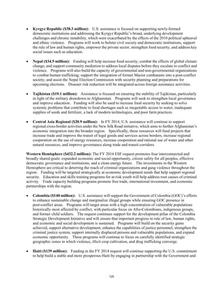 • Kyrgyz Republic ($38.3 million): U.S. assistance is focused on supporting newly-formed 
democratic institutions and addressing the Kyrgyz Republic’s broad, underlying development 
challenges and chronic instability, which were exacerbated by the effects of the 2010 political upheaval 
and ethnic violence. Programs will work to bolster civil society and democratic institutions, support 
the rule of law and human rights, empower the private sector, strengthen food security, and address key 
social issues such as education. 
• Nepal ($34.5 million): Funding will help increase food security; combat the effects of global climate 
change; and support community mediation to address local disputes before they escalate to conflict and 
violence. Programs will also build the capacity of governmental and non-governmental organizations 
to combat human trafficking; support the integration of former Maoist combatants into a post-conflict 
society; and assist the Nepal Election Commission with security planning and preparations for 
upcoming elections. Disaster risk reduction will be integrated across foreign assistance activities. 
• Tajikistan ($19.1 million): Assistance is focused on ensuring the stability of Tajikistan, particularly 
in light of the military drawdown in Afghanistan. Programs will seek to strengthen local governance 
and improve education. Funding will also be used to increase food security by seeking to solve 
systemic problems that contribute to food shortages such as inequitable access to water, inadequate 
supplies of seeds and fertilizer, a lack of modern technologies, and poor farm practices. 
• Central Asia Regional ($20.9 million): In FY 2014, U.S. assistance will continue to support 
regional cross-border activities under the New Silk Road initiative, which aims to further Afghanistan’s 
economic integration into the broader region. Specifically, these resources will fund projects that 
increase trade and improve the transit of legal goods and services across borders, increase regional 
cooperation on the use of energy resources, increase cooperation and rational use of water and other 
natural resources, and improve governance along trade and transit corridors. 
Western Hemisphere ($432.2 million): The FY 2014 ESF request promotes four interconnected and 
broadly shared goals: expanded economic and social opportunity, citizen safety for all peoples, effective 
democratic governance and institutions, and a clean energy future. The investments in the Western 
Hemisphere are critical to deterring the reach of criminal organizations and gang violence throughout the 
region. Funding will be targeted strategically at economic development needs that help support regional 
security. Education and skills training programs for at-risk youth will help address root causes of criminal 
activity. Trade capacity building programs promote free trade, international investment, and economic 
partnerships with the region. 
• Colombia ($140 million): U.S. assistance will support the Government of Colombia (GOC)’s efforts 
to enhance sustainable change and marginalize illegal groups while ensuring GOC presence in 
post-conflict areas. Programs will target areas with a high concentration of vulnerable populations 
historically most affected by conflict, with particular focus on Afro-Colombians, indigenous groups, 
and former child soldiers. The request continues support for the development pillar of the Colombia 
Strategic Development Initiative and will ensure that important progress in rule of law, human rights, 
and economic and social development is sustained. Programs will build on the security gains 
achieved, support alternative development, enhance the capabilities of justice personnel, strengthen the 
criminal justice system, support internally displaced persons and vulnerable populations, and expand 
economic opportunity. These programs will continue to focus on carefully identified strategic 
geographic zones in which violence, illicit crop cultivation, and drug trafficking converge. 
• Haiti ($139 million): Funding in the FY 2014 request will continue supporting the U.S. commitment 
to help build a stable and more prosperous Haiti by engaging in partnership with the Government and 
125 
 