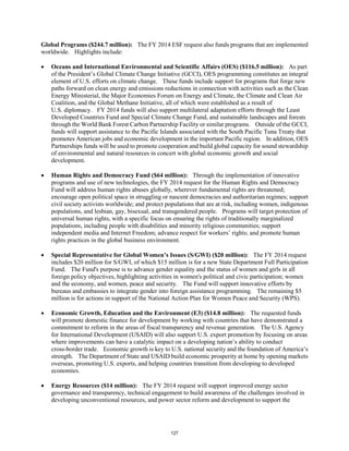 Global Programs ($244.7 million): The FY 2014 ESF request also funds programs that are implemented 
worldwide. Highlights include: 
• Oceans and International Environmental and Scientific Affairs (OES) ($116.5 million): As part 
of the President’s Global Climate Change Initiative (GCCI), OES programming constitutes an integral 
element of U.S. efforts on climate change. These funds include support for programs that forge new 
paths forward on clean energy and emissions reductions in connection with activities such as the Clean 
Energy Ministerial, the Major Economies Forum on Energy and Climate, the Climate and Clean Air 
Coalition, and the Global Methane Initiative, all of which were established as a result of 
U.S. diplomacy. FY 2014 funds will also support multilateral adaptation efforts through the Least 
Developed Countries Fund and Special Climate Change Fund, and sustainable landscapes and forests 
through the World Bank Forest Carbon Partnership Facility or similar programs. Outside of the GCCI, 
funds will support assistance to the Pacific Islands associated with the South Pacific Tuna Treaty that 
promotes American jobs and economic development in the important Pacific region. In addition, OES 
Partnerships funds will be used to promote cooperation and build global capacity for sound stewardship 
of environmental and natural resources in concert with global economic growth and social 
development. 
• Human Rights and Democracy Fund ($64 million): Through the implementation of innovative 
programs and use of new technologies, the FY 2014 request for the Human Rights and Democracy 
Fund will address human rights abuses globally, wherever fundamental rights are threatened; 
encourage open political space in struggling or nascent democracies and authoritarian regimes; support 
civil society activists worldwide; and protect populations that are at risk, including women, indigenous 
populations, and lesbian, gay, bisexual, and transgendered people. Programs will target protection of 
universal human rights, with a specific focus on ensuring the rights of traditionally marginalized 
populations, including people with disabilities and minority religious communities; support 
independent media and Internet Freedom; advance respect for workers’ rights; and promote human 
rights practices in the global business environment. 
• Special Representative for Global Women’s Issues (S/GWI) ($20 million): The FY 2014 request 
includes $20 million for S/GWI, of which $15 million is for a new State Department Full Participation 
Fund. The Fund's purpose is to advance gender equality and the status of women and girls in all 
foreign policy objectives, highlighting activities in women's political and civic participation; women 
and the economy, and women, peace and security. The Fund will support innovative efforts by 
bureaus and embassies to integrate gender into foreign assistance programming. The remaining $5 
million is for actions in support of the National Action Plan for Women Peace and Security (WPS). 
• Economic Growth, Education and the Environment (E3) ($14.8 million): The requested funds 
will promote domestic finance for development by working with countries that have demonstrated a 
commitment to reform in the areas of fiscal transparency and revenue generation. The U.S. Agency 
for International Development (USAID) will also support U.S. export promotion by focusing on areas 
where improvements can have a catalytic impact on a developing nation’s ability to conduct 
cross-border trade. Economic growth is key to U.S. national security and the foundation of America’s 
strength. The Department of State and USAID build economic prosperity at home by opening markets 
overseas, promoting U.S. exports, and helping countries transition from developing to developed 
economies. 
• Energy Resources ($14 million): The FY 2014 request will support improved energy sector 
governance and transparency, technical engagement to build awareness of the challenges involved in 
developing unconventional resources, and power sector reform and development to support the 
127 
 
