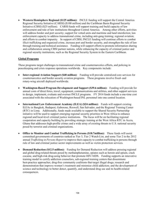 • Western Hemisphere Regional ($125 million): INCLE funding will support the Central America 
Regional Security Initiative (CARSI) ($100 million) and the Caribbean Basin Regional Security 
Initiative (CBSI) ($25 million). CARSI funds will support training and build capacity of law 
enforcement and rule of law institutions throughout Central America. Among other efforts, activities 
will address border and port security; support for vetted units and maritime and land interdiction; law 
enforcement capacity to address transnational crime, including anti-gang training; regional aviation; 
and efforts to combat impunity. In support of CBSI, INCLE funding will continue efforts to combat 
illicit trafficking and organized crime, increase port and border security, and strengthen the rule of law 
through training and technical assistance. Funding will support efforts to promote information sharing 
and collaboration among CBSI partner nations, while enhancing the capacity of criminal justice and 
regional security institutions, such as the Regional Security System in the Eastern Caribbean. 
Global Programs 
These programs target challenges to transnational crime and counternarcotics efforts, and policing in 
peacekeeping and crisis response operations worldwide. Key components include: 
• Inter-regional Aviation Support ($40 million): Funding will provide centralized core services for 
counternarcotics and border security aviation programs. These programs involve fixed- and 
rotary-wing aircraft deployed worldwide. 
• Washington-Based Program Development and Support ($39.6 million): Funding will provide for 
annual costs of direct hires, travel, equipment, communications and utilities, and other support services 
to design, implement, evaluate and oversee INCLE programs. FY 2014 funds include a one-time cost 
associated with the relocation of Washington-based INL personnel into one central location. 
• International Law Enforcement Academy (ILEA) ($24 million): Funds will support existing 
ILEAs in Bangkok, Budapest, Gaborone, Roswell, San Salvador, and the Regional Training Center 
(RTC) in Lima. Additionally, funds made available to support the Shared Security Partnership 
initiative will be used to support emerging regional security priorities in West Africa to enhance 
regional and local-level criminal justice institutions. The focus will be on facilitating regional 
cooperation and capacity building by providing strategic training at the West Africa RTC in Accra, 
Ghana that addresses high-profile crimes and a wide array of existing threats to U.S. national security 
posed by terrorist and criminal organizations. 
• Office to Monitor and Combat Trafficking in Persons ($18.7million): These funds will assist 
committed governments of countries ranked as Tier 3, Tier 2 Watch List, and some Tier 2 in the 2012 
annual Trafficking in Persons Report to improve their capacity to combat trafficking in persons through 
rule of law and criminal justice sector improvements as well as victim protection services. 
• Demand Reduction ($12.5 million): Funding for Demand Reduction will address pressing regional 
and global drug-related threats posed by methamphetamine, opiates such as heroin and opium, crack 
cocaine, and high-risk drug-using behavior that promote HIV/AIDS. Funding supports an innovative 
training model to certify addiction counselors, sub-regional training centers that disseminate 
best-practice approaches; drug-free community coalitions that target illegal drugs; research and 
demonstration that improve women’s treatment and minimize child addiction; and the development of 
science and technology to better detect, quantify, and understand drug use and its health-related 
consequences. 
158 
 