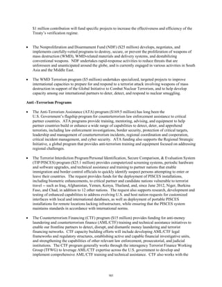 $1 million contribution will fund specific projects to increase the effectiveness and efficiency of the 
Treaty’s verification regime. 
• The Nonproliferation and Disarmament Fund (NDF) ($25 million) develops, negotiates, and 
implements carefully-vetted programs to destroy, secure, or prevent the proliferation of weapons of 
mass destruction (WMD), WMD-related materials and delivery systems, and destabilizing 
conventional weapons. NDF undertakes rapid-response activities to reduce threats that are 
unforeseen and unanticipated around the globe, and is currently engaged in various activities in South 
Asia and the Middle East. 
• The WMD Terrorism program ($5 million) undertakes specialized, targeted projects to improve 
international capacities to prepare for and respond to a terrorist attack involving weapons of mass 
destruction in support of the Global Initiative to Combat Nuclear Terrorism, and to help develop 
capacity among our international partners to deter, detect, and respond to nuclear smuggling. 
Anti -Terrorism Programs 
• The Anti-Terrorism Assistance (ATA) program ($169.5 million) has long been the 
U.S. Government’s flagship program for counterterrorism law enforcement assistance to critical 
partner countries. ATA programs provide training, mentoring, advising, and equipment to help 
partner countries build or enhance a wide range of capabilities to detect, deter, and apprehend 
terrorists, including law enforcement investigations, border security, protection of critical targets, 
leadership and management of counterterrorism incidents, regional coordination and cooperation, 
critical incident management, and cyber security. ATA funding also supports the Regional Strategic 
Initiative, a global program that provides anti-terrorism training and equipment focused on addressing 
regional challenges. 
• The Terrorist Interdiction Program/Personal Identification, Secure Comparison, & Evaluation System 
(TIP/PISCES) program ($25.1 million) provides computerized screening systems, periodic hardware 
and software upgrades, and technical assistance and training to partner nations that enable 
immigration and border control officials to quickly identify suspect persons attempting to enter or 
leave their countries. The request provides funds for the deployment of PISCES installations, 
including biometric enhancements, to critical partner and candidate nations vulnerable to terrorist 
travel -- such as Iraq, Afghanistan, Yemen, Kenya, Thailand, and, since June 2012, Niger, Burkina 
Faso, and Chad, in addition to 12 other nations. The request also supports research, development and 
testing of enhanced capabilities to address evolving U.S. and host nation requests for customized 
interfaces with local and international databases, as well as deployment of portable PISCES 
installations for remote locations lacking infrastructure, while ensuring that the PISCES system 
maintains standards in accordance with international norms. 
• The Counterterrorism Financing (CTF) program ($15 million) provides funding for anti-money 
laundering and counterterrorism finance (AML/CTF) training and technical assistance initiatives to 
enable our frontline partners to detect, disrupt, and dismantle money laundering and terrorist 
financing networks. CTF capacity building efforts will include developing AML/CTF legal 
frameworks and regulatory structures, establishing active and capable financial investigative units, 
and strengthening the capabilities of other relevant law enforcement, prosecutorial, and judicial 
institutions. The CTF program generally works through the interagency Terrorist Finance Working 
Group (TFWG) to leverage AML/CTF expertise across the U.S. government to develop and 
implement comprehensive AML/CTF training and technical assistance. CTF also works with the 
161 
 