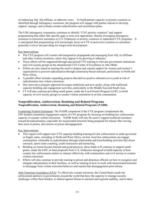 of embracing AQ, AQ affiliate, or adherent views. To build partner capacity in priority countries as 
identified through interagency consensus, the program will engage with partner nations to develop, 
support, manage, and evaluate counter-radicalization and recruitment plans. 
The USG interagency community continues to identify “CVE priority countries” and support 
programming that either fills specific gaps or tests new approaches, thereby leveraging interagency 
resources to maximize assistance to U.S. Embassies in priority countries to implement CVE programs. It 
is anticipated that programming will increasingly focus on CVE in post-crisis countries as assistance 
generally evolves into providing for longer-term development. 
Key Interventions 
: 
• The CVE program will counter and marginalize propaganda and messaging from AQ, its affiliates 
and other violent extremists, where they appear to be growing in influence. 
• These efforts will be supported through specialized CVE training to relevant government institutions 
and civil society groups at the international CVE Center of Excellence in Abu Dhabi. 
• Efforts are also aimed at meeting the need to deepen and expand support for women and women’s 
organizations to prevent radicalization through community-based outreach, particularly in North and 
West Africa. 
• A parallel effort includes expanding projects that deliver positive alternatives to youth at risk of 
radicalization into violent extremism. 
• One innovative program approach leverages traditional and new media, along with traditional 
capacity-building and engagement activities, particularly in the Middle East and South Asia. 
• CT will also continue providing small grants, under the Local Grants Program (LGP), to build 
capacity of civil society groups to counter violent extremism in at-risk communities. 
Nonproliferation, Antiterrorism, Demining and Related Programs 
Nonproliferation, Antiterrorism, Demining and Related Programs (NADR) 
Countering Violent Extremism: The NADR component of the CVE program complements the 
ESF-funded community engagement aspect of CVE programs by focusing on building law enforcement 
capacity to counter violent extremism. NADR funds will also be used to support technical assistance 
toward de-radicalization, especially for incarcerated terrorists being prepared for release after serving 
their term in prison, also known as prison disengagement. 
Key Interventions 
: 
• This request will support new CVE capacity-building training for law enforcement in under-governed 
or fragile states, including in North and West Africa, on how local law enforcement can engage 
communities vulnerable to radicalization through relationship and trust-building activities like direct 
outreach, sports team coaching, youth instruction and mentoring. 
• Building on recent lessons learned and good practices, these funds will continue to support small 
grants, under the LGP, to fund proposals from U.S. Embassies designed to build capacity of host 
country law enforcement entities to interact effectively with communities and civil society to counter 
violent extremism. 
• Efforts will also continue to provide training to prison and detention officials on how to recognize and 
mitigate radicalization in their facilities, as well as training in how to work with incarcerated terrorists 
to disengage from violent extremist behavior and sustain that disengagement post-release. 
Anti-Terrorism Assistance (ATA): To effectively counter terrorism, the United States needs law 
enforcement partners in governments around the world that have the capacity to manage security 
challenges within their borders, to defend against threats to national and regional stability, and to deter 
211 
 