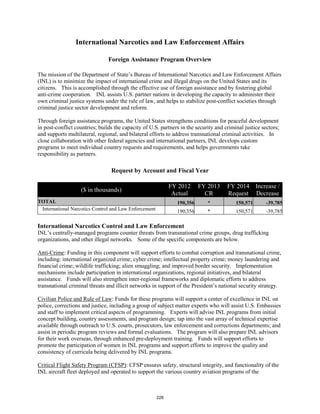 International Narcotics and Law Enforcement Affairs 
Foreign Assistance Program Overview 
The mission of the Department of State’s Bureau of International Narcotics and Law Enforcement Affairs 
(INL) is to minimize the impact of international crime and illegal drugs on the United States and its 
citizens. This is accomplished through the effective use of foreign assistance and by fostering global 
anti-crime cooperation. INL assists U.S. partner nations in developing the capacity to administer their 
own criminal justice systems under the rule of law, and helps to stabilize post-conflict societies through 
criminal justice sector development and reform. 
Through foreign assistance programs, the United States strengthens conditions for peaceful development 
in post-conflict countries; builds the capacity of U.S. partners in the security and criminal justice sectors; 
and supports multilateral, regional, and bilateral efforts to address transnational criminal activities. In 
close collaboration with other federal agencies and international partners, INL develops custom 
programs to meet individual country requests and requirements, and helps governments take 
responsibility as partners. 
Request by Account and Fiscal Year 
($ in thousands) FY 2012 
Actual 
FY 2013 
CR 
FY 2014 
Request 
Increase / 
Decrease 
TOTAL 190,356 * 150,571 -39,785 
International Narcotics Control and Law Enforcement 190,356 * 150,571 -39,785 
International Narcotics Control and Law Enforcement 
INL’s centrally-managed programs counter threats from transnational crime groups, drug trafficking 
organizations, and other illegal networks. Some of the specific components are below. 
Anti-Crime: Funding in this component will support efforts to combat corruption and transnational crime, 
including: international organized crime; cyber crime; intellectual property crime; money laundering and 
financial crime; wildlife trafficking; alien smuggling; and improved border security. Implementation 
mechanisms include participation in international organizations, regional initiatives, and bilateral 
assistance. Funds will also strengthen inter-regional frameworks and diplomatic efforts to address 
transnational criminal threats and illicit networks in support of the President’s national security strategy. 
Civilian Police and Rule of Law: Funds for these programs will support a center of excellence in INL on 
police, corrections and justice, including a group of subject matter experts who will assist U.S. Embassies 
and staff to implement critical aspects of programming. Experts will advise INL programs from initial 
concept building, country assessments, and program design; tap into the vast array of technical expertise 
available through outreach to U.S. courts, prosecutors, law enforcement and corrections departments; and 
assist in periodic program reviews and formal evaluations. The program will also prepare INL advisors 
for their work overseas, through enhanced pre-deployment training. Funds will support efforts to 
promote the participation of women in INL programs and support efforts to improve the quality and 
consistency of curricula being delivered by INL programs. 
Critical Flight Safety Program (CFSP): CFSP ensures safety, structural integrity, and functionality of the 
INL aircraft fleet deployed and operated to support the various country aviation programs of the 
228 
 