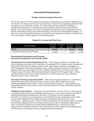 International Organizations 
Foreign Assistance Program Overview 
The FY 2014 request of $320.6 million for the International Organizations and Programs (IO&P) account 
will advance U.S. strategic goals across a broad spectrum of critical areas by supporting coordination and 
leveraging resources from other countries. The United States provides voluntary contributions to 
international organizations to accomplish goals where solutions to problems can best be addressed 
globally, such as protecting the ozone layer, safeguarding international air traffic, supporting peace and 
security, promoting governing justly and democratically, or the provision of humanitarian assistance. In 
other areas, such as development programs, the United States can multiply the influence and effectiveness 
of its own assistance through support for international programs. 
Request by Account and Fiscal Year 
($ in thousands) FY 2012 
Actual 
FY 2013 
CR 
FY 2014 
Request 
Increase / 
Decrease 
TOTAL 343,905 * 320,645 -23,260 
International Organizations and Programs 343,905 * 320,645 -23,260 
International Organizations and Programs 
International Organizations and Programs (IO&P) 
International Civil Aviation Organization (ICAO): This voluntary contribution will enhance the 
critical leadership role played by the United States in formulating ICAO’s aviation security Standards and 
Recommended Practices with regard to airport security, airport design, facilitation of passengers, air 
traffic management, the transport of dangerous goods, and the auditing and mitigation of deficiencies in 
regulatory safety oversight worldwide. ICAO’s mandatory Member State Universal Security Audit 
Program, begun in November 2002, and funded primarily through the ICAO regular budget, evaluates 
and identifies deficiencies in the security of national civil aviation systems and, where warranted, 
individual airports, carriers, and aircraft. 
International Maritime Organization (IMO): IMO security programs funded by U.S. contributions 
support long range identification and tracking, container security, global supply chain security, 
international shipping and port facility security, and counter-piracy programs. These programs also 
include Member State security audits, as well as technical assistance to countries that cannot meet IMO 
security standards. 
Multilateral Action Initiative: The primary aim of this Initiative is to allow the U.S. to fund responses 
to unanticipated peace and security challenges and other crises, as well as spur innovation and reform in 
multilateral organizations through timely seed money. The absence of such a mechanism today 
diminishes U.S. influence over emerging issues in the multilateral system, shortchanges reform efforts, 
and prevents the Department from taking advantage of unanticipated opportunities to advance 
U.S. priorities. Specific examples of areas in which such initiatives can arise include support for funding 
the UN Peace building Fund to use in troubled countries such as Liberia, including by supporting new 
Office of the High Commissioner for Human Rights (OHCHR) offices in transitional societies, 
enhancement of coordination of the UN’s many water-related activities, support for expanding programs 
to build capacity in developing countries to apprehend and prosecute pirates. 
232 
 