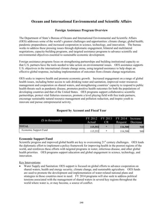 Oceans and International Environmental and Scientific Affairs 
Foreign Assistance Program Overview 
The Department of State’s Bureau of Oceans and International Environmental and Scientific Affairs 
(OES) addresses some of the world’s greatest challenges and opportunities: climate change; global health; 
pandemic preparedness; and increased cooperation in science, technology, and innovation. The bureau 
works to address these pressing issues through diplomatic engagement, bilateral and multilateral 
negotiations, capacity-building programs, and targeted assistance programs to advance scientific and 
environmental objectives essential to sustainable economic development. 
Foreign assistance programs focus on strengthening partnerships and building institutional capacity so 
that U.S. partners have the tools needed to take action on environmental issues. OES assistance supports 
U.S. objectives in the international climate change arena, using targeted assistance to help shape an 
effective global response, including implementation of outcomes from climate change negotiations. 
OES seeks to improve health and promote economic growth. Increased engagement on a range of global 
health issues, including better access to safe drinking water and sanitation, improved water resources 
management and cooperation on shared waters, and strengthening countries’ capacity to respond to public 
health threats such as pandemic disease, promotes positive health outcomes for both the populations of 
developing countries and that of the United States. OES programs support collaborative scientific 
partnerships, protect vital fisheries resources, promote a level playing field with free trade partners, 
encourage sustainable natural resource management and pollution reduction, and inspire youth to 
innovate and pursue entrepreneurial activity. 
Request by Account and Fiscal Year 
($ in thousands) FY 2012 
Actual 
FY 2013 
CR 
FY 2014 
Request 
Increase / 
Decrease 
TOTAL 115,552 * 116,500 948 
Economic Support Fund 115,552 * 116,500 948 
Economic Support Fund 
Scientific progress and improved global health are key to overcoming 21st century challenges. OES leads 
the diplomatic effort to implement a policy framework for improving health in the poorest regions of the 
world, and reinforces these efforts with targeted programs in water, infectious disease, and other global 
health priorities. OES programs support education and global engagement in science, technology, and 
innovation. 
Key Interventions 
: 
• Water Supply and Sanitation: OES support is focused on global efforts to advance cooperation on 
shared waters, health and energy security, climate change, and sustainable agriculture. OES funds 
are used to promote the development and implementation of water-related national plans and 
strategies in those countries most in need. FY 2014 programs will also seek to address political 
tensions associated with the management of shared waters in several key regions throughout the 
world where water is, or may become, a source of conflict. 
248 
 
