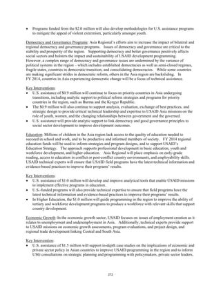 • Programs funded from the $2.0 million will also develop methodologies for U.S. assistance programs 
to mitigate the appeal of violent extremism, particularly amongst youth. 
Democracy and Governance Programs: Asia Regional’s efforts aim to increase the impact of bilateral and 
regional democracy and governance programs. Issues of democracy and governance are critical to the 
stability and prosperity of the region. Supporting democracy and better governance positively affects 
social sectors and bolsters the impact and sustainability of USAID development programming. 
However, a complex range of democracy and governance issues are undermined by the variance of 
political systems in the region – which includes established democracies as well as semi-closed regimes, 
fragile states, countries in democratic transition, and consolidating democracies. While some countries 
are making significant strides in democratic reform, others in the Asia region are backsliding. In 
FY 2014, countries in Asia experiencing democratic change will be a focus of technical assistance. 
Key Interventions 
: 
• U.S. assistance of $0.9 million will continue to focus on priority countries in Asia undergoing 
transitions, including analytic support to political reform strategies and programs for priority 
countries in the region, such as Burma and the Kyrgyz Republic. 
• The $0.9 million will also continue to support analysis, evaluation, exchange of best practices, and 
strategic design to provide critical technical leadership and expertise to USAID Asia missions on the 
role of youth, women, and the changing relationships between government and the governed. 
• U.S. assistance will provide analytic support to link democracy and good governance principles to 
social sector development to improve development outcomes. 
Education: Millions of children in the Asia region lack access to the quality of education needed to 
succeed in school and work, and to be productive and informed members of society. FY 2014 regional 
education funds will be used to inform strategies and program designs, and to support USAID’s 
Education Strategy. The approach supports professional development in basic education, youth and 
workforce development, and higher education. Asia Regional will place emphasis on early-grade 
reading, access to education in conflict or post-conflict country environments, and employability skills. 
USAID technical experts will ensure that USAID field programs have the latest technical information and 
evidence-based practices to improve their programs’ results. 
Key Interventions 
: 
• U.S. assistance of $1.0 million will develop and improve analytical tools that enable USAID missions 
to implement effective programs in education. 
• U.S.-funded programs will also provide technical expertise to ensure that field programs have the 
latest technical information and evidence-based practices to improve their programs’ results. 
• In Higher Education, the $1.0 million will guide programming in the region to improve the ability of 
tertiary and workforce development programs to produce a workforce with relevant skills that support 
country development. 
Economic Growth: In the economic growth sector, USAID focuses on issues of employment creation as it 
relates to unemployment and underemployment in Asia. Additionally, technical experts provide support 
to USAID missions on economic growth assessments, program evaluations, and project design, and 
regional trade development linking Central and South Asia. 
Key Intervention 
: 
• U.S. assistance of $1.5 million will support in-depth case studies on the implications of economic and 
private sector policy in Asian countries to improve USAID programming in the region and to inform 
USG consultations on strategic planning and programming with policymakers, private sector leaders, 
272 
 