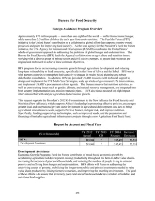 Bureau for Food Security 
Foreign Assistance Program Overview 
Approximately 870 million people — more than one eighth of the world — suffer from chronic hunger, 
while more than 3.5 million children die each year from undernutrition. The Feed the Future (FTF) 
initiative is the United States' contribution to a collaborative global effort that supports country-owned 
processes and plans for improving food security. As the lead agency for the President’s Feed the Future 
initiative, the U.S. Agency for International Development (USAID) coordinates the United States’ 
whole-of-government approach to addressing the problems of global hunger and undernutrition. The 
Bureau for Food Security (BFS) leads the Agency's collaboration on agriculture and nutrition issues, 
working with a diverse group of private sector and civil society partners, to ensure that resources are 
aligned and mobilized to achieve these common objectives. 
BFS programs focus on increasing economic growth through agriculture development and reducing 
long-term vulnerability to food insecurity, specifically in the Horn of Africa and the Sahel. BFS works 
with partner countries to strengthen their capacity to engage in results-based planning and robust 
stakeholder consultation. In addition, BFS has provided USAID missions with technical support to 
design and implement the FTF Multi-Year Strategies, scale up whole-of-government U.S. interventions, 
and implement USAID’s procurement reform agenda. The Bureau ensures that nutrition activities, as 
well as cross-cutting issues such as gender, climate, and natural resource management, are integrated into 
both country implementation and mission strategic plans. BFS also funds research on high impact 
interventions that will catalyze agriculture-led economic growth. 
This request supports the President’s 2012 G-8 commitment to the New Alliance for Food Security and 
Nutrition (New Alliance), which supports Africa’s leadership in promoting effective policies; encourages 
greater local and international private sector investment in agricultural development; and acts to bring 
agricultural innovations to scale, support effective finance, mitigate risk, and improve nutrition. 
Specifically, funding supports key technologies, such as improved seeds, and the preparation and 
financing of bankable agricultural infrastructure projects through a new Agriculture Fast Track Fund. 
Request by Account and Fiscal Year 
($ in thousands) FY 2012 
Actual 
FY 2013 
CR 
FY 2014 
Request 
Increase / 
Decrease 
TOTAL 283,900 * 357,435 73,535 
Development Assistance 283,900 * 357,435 73,535 
Development Assistance 
Economic Growth Programs: Feed the Future contributes to broad-based economic growth by 
accelerating agriculture-led development, raising productivity throughout the farm-to-table value chains, 
increasing the incomes of poor rural households, and reducing the number of people living in extreme 
poverty and suffering from hunger and undernutrition. BFS efforts will focus on addressing the 
underlying causes of poverty, mobilizing the longer-term public and private investments needed to raise 
value chain productivity, linking farmers to markets, and improving the enabling environment. The goal 
of these efforts is to ensure that extremely poor rural and urban households have reliable, affordable, and 
nutritious food supplies. 
275 
 