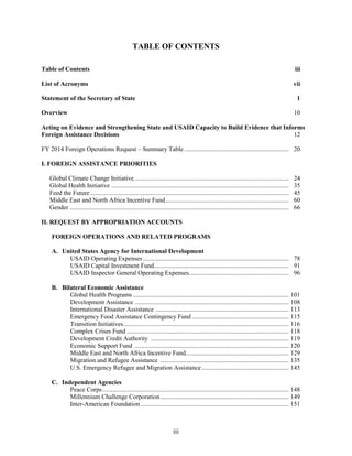 TABLE OF CONTENTS 
Table of Contents iii 
List of Acronyms vii 
Statement of the Secretary of State 1 
Overview 10 
Acting on Evidence and Strengthening State and USAID Capacity to Build Evidence that Informs 
Foreign Assistance Decisions 12 
FY 2014 Foreign Operations Request – Summary Table .................................................................. 20 
I. FOREIGN ASSISTANCE PRIORITIES 
Global Climate Change Initiative ................................................................................................. 24 
Global Health Initiative ................................................................................................................ 35 
Feed the Future ............................................................................................................................. 45 
Middle East and North Africa Incentive Fund.............................................................................. 60 
Gender .......................................................................................................................................... 66 
II. REQUEST BY APPROPRIATION ACCOUNTS 
FOREIGN OPERATIONS AND RELATED PROGRAMS 
A. United States Agency for International Development 
USAID Operating Expenses ............................................................................................ 78 
USAID Capital Investment Fund..................................................................................... 91 
USAID Inspector General Operating Expenses............................................................... 96 
iii 
B. Bilateral Economic Assistance 
Global Health Programs .................................................................................................. 101 
Development Assistance ................................................................................................. 108 
International Disaster Assistance .................................................................................... 113 
Emergency Food Assistance Contingency Fund ............................................................. 115 
Transition Initiatives........................................................................................................ 116 
Complex Crises Fund ...................................................................................................... 118 
Development Credit Authority ....................................................................................... 119 
Economic Support Fund ................................................................................................. 120 
Middle East and North Africa Incentive Fund................................................................. 129 
Migration and Refugee Assistance ................................................................................. 135 
U.S. Emergency Refugee and Migration Assistance....................................................... 145 
C. Independent Agencies 
Peace Corps ..................................................................................................................... 148 
Millennium Challenge Corporation................................................................................. 149 
Inter-American Foundation ............................................................................................. 151 
 