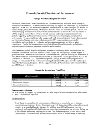Economic Growth, Education, and Environment 
Foreign Assistance Program Overview 
The Bureau for Economic Growth, Education, and Environment (E3) is the United States Agency for 
International Development’s (USAID) technical leadership and support hub for multiple key development 
objectives. In FY 2014, the bureau will support the implementation of USAID strategies and policies on 
climate change, gender, biodiversity, urban service delivery, water, and economic growth. E3 will also 
continue to equip economists with analytical and quantitative skills to evaluate the costs and benefits of 
USAID programs worldwide, as well as to provide technical leadership for engineering activities 
globally, supporting quality construction in some of the world’s most challenging implementation 
environments. To increase efficiency, E3 engages early with missions to inform Country Development 
and Cooperation Strategy processes, works to streamline E3’s procurement processes, and is 
consolidating and centralizing key evaluation and knowledge management activities to reduce 
expenditures. Finally, the Bureau will provide technical leadership on high-quality, scalable pilot 
programs, research, and more systematic monitoring and evaluation. 
E3 collaborates with both the public and private sectors in efforts to help ensure sustainable land use, 
protect the environment, reduce the impact of climate change, and leverage major donors’ support of 
quality education. Partners include other U.S. Government (USG) agencies, including the Department of 
State, Overseas Private Investment Corporation (OPIC), United States Trade Representative, NASA, the 
Department of Education, U.S. Trade and Development Agency (USTDA), and the Department of 
Energy. In partnership with the Millennium Challenge Corporation (MCC), E3 provides leadership on 
many Threshold Country Programs. E3 also supports the USAID Administrator in his role on the MCC 
and OPIC boards of directors. 
Request by Account and Fiscal Year 
($ in thousands) FY 2012 
Actual 
FY 2013 
CR 
FY 2014 
Request 
Increase / 
Decrease 
TOTAL 181,052 * 177,098 -3,954 
Development Assistance 165,700 * 162,298 -3,402 
Economic Support Fund 15,352 * 14,800 -552 
Development Assistance 
FY 2014 funding will support key interventions in a wide range of sectors in support of the achievement 
of USAID’s development objectives. 
Key Interventions: 
• Broad-Based Economic Growth: U.S. assistance will continue to promote the use of rigorous 
economic analysis in project design. Constraints-to-growth diagnostics will be conducted in selected 
countries to target and address key barriers. E3 will help several USAID missions carry out 
cost-benefit analyses of specific field projects to ensure they are sustainable and represent the best use 
of federal funds, and expand such analyses beyond Feed the Future projects to water, energy, and 
climate change. Requested funds will also support quality design of projects aimed at improving 
290 
 