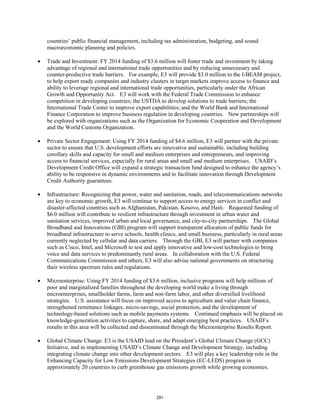 countries’ public financial management, including tax administration, budgeting, and sound 
macroeconomic planning and policies. 
• Trade and Investment: FY 2014 funding of $3.6 million will foster trade and investment by taking 
advantage of regional and international trade opportunities and by reducing unnecessary and 
counter-productive trade barriers. For example, E3 will provide $3.0 million to the I-BEAM project, 
to help export ready companies and industry clusters in target markets improve access to finance and 
ability to leverage regional and international trade opportunities, particularly under the African 
Growth and Opportunity Act. E3 will work with the Federal Trade Commission to enhance 
competition in developing countries; the USTDA to develop solutions to trade barriers; the 
International Trade Center to improve export capabilities; and the World Bank and International 
Finance Corporation to improve business regulation in developing countries. New partnerships will 
be explored with organizations such as the Organization for Economic Cooperation and Development 
and the World Customs Organization. 
• Private Sector Engagement: Using FY 2014 funding of $4.6 million, E3 will partner with the private 
sector to ensure that U.S. development efforts are innovative and sustainable, including building 
corollary skills and capacity for small and medium enterprises and entrepreneurs, and improving 
access to financial services, especially for rural areas and small and medium enterprises. USAID’s 
Development Credit Office will expand a strategic transaction fund designed to enhance the agency’s 
ability to be responsive in dynamic environments and to facilitate innovation through Development 
Credit Authority guarantees. 
• Infrastructure: Recognizing that power, water and sanitation, roads, and telecommunications networks 
are key to economic growth, E3 will continue to support access to energy services in conflict and 
disaster-affected countries such as Afghanistan, Pakistan, Kosovo, and Haiti. Requested funding of 
$6.0 million will contribute to resilient infrastructure through investment in urban water and 
sanitation services, improved urban and local governance, and city-to-city partnerships. The Global 
Broadband and Innovations (GBI) program will support transparent allocation of public funds for 
broadband infrastructure to serve schools, health clinics, and small business, particularly in rural areas 
currently neglected by cellular and data carriers. Through the GBI, E3 will partner with companies 
such as Cisco, Intel, and Microsoft to test and apply innovative and low-cost technologies to bring 
voice and data services to predominantly rural areas. In collaboration with the U.S. Federal 
Communications Commission and others, E3 will also advise national governments on structuring 
their wireless spectrum rules and regulations. 
• Microenterprise: Using FY 2014 funding of $3.6 million, inclusive programs will help millions of 
poor and marginalized families throughout the developing world make a living through 
microenterprises, smallholder farms, farm and non-farm labor, and other diversified livelihood 
strategies. U.S. assistance will focus on improved access to agriculture and value chain finance, 
strengthened remittance linkages, micro-savings, social protection, and the development of 
technology-based solutions such as mobile payments systems. Continued emphasis will be placed on 
knowledge-generation activities to capture, share, and adapt emerging best practices. USAID’s 
results in this area will be collected and disseminated through the Microenterprise Results Report. 
• Global Climate Change: E3 is the USAID lead on the President’s Global Climate Change (GCC) 
Initiative, and in implementing USAID’s Climate Change and Development Strategy, including 
integrating climate change into other development sectors. E3 will play a key leadership role in the 
Enhancing Capacity for Low Emissions Development Strategies (EC-LEDS) program in 
approximately 20 countries to curb greenhouse gas emissions growth while growing economies. 
291 
 