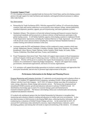 Economic Support Fund 
FY 2014 funding will promote expanded trade ties between the United States and key developing country 
partners through support for trade facilitation and standards, and targeted technical assistance to address 
other trade barriers. 
Key Interventions: 
• Partnership for Trade Facilitation (PTF): With the requested $4.5 million, E3 will assist developing 
countries trade and customs authorities in seven priority areas (advance rulings, internet publication, 
expedited shipments, penalties, appeals, pre-arrival processing, and transit guarantee systems). 
• Standards Alliance: This initiative will provide technical training and financial resources based on 
international standards and best practices to advance reforms to help businesses participate in the 
global trading system. It will further build the capacity of developing countries to implement World 
Trade Organization Agreements, including the Technical Barriers to Trade Agreement. E3 will work 
with the private sector and associations including the American National Standards Institute to 
conduct training and technical assistance in this area. 
• Assistance under the PTF and Standards Alliance will be conducted in many countries which may 
include Afghanistan, Burma, Cambodia, Colombia, Ethiopia, Egypt, Haiti, Honduras, Iraq, Jordan, 
Kazakhstan, Libya, Mexico, Nepal, Pakistan, Serbia, Somalia, South Sudan, Sri Lanka, Sudan, 
Tunisia, Uzbekistan, West Bank and Gaza, Yemen, and Zimbabwe. 
• Fiscal Transparency Innovation Fund: These funds will support improvements in fiscal transparency 
and fiscal integrity with the goal of enhancing citizens’ visibility into state expenditure and revenue 
programs. Priority will be given to countries that require fiscal transparency waivers and show 
evidence of a commitment to improving budget transparency. Projects will support host country 
governments, international organizations, and local civil society organizations. 
• U.S. assistance will support knowledge-generation on inclusive market strategies and approaches that 
assist poor households, and activities to promote legal empowerment of the poor. 
Performance Information in the Budget and Planning Process 
Program Monitoring and Evaluation Activities: E3 undertook several monitoring and evaluation efforts in 
FY 2012. For instance, E3 supported seven evaluations, including USAID’s Water and Development 
Alliance with the Coca Cola Company. In FY 2013, E3 plans to initiate more than 20 evaluations in 
water, energy, education, climate change and economic sectors. The bureau also reengineered and 
streamlined USAID economic growth and education indicators to advance USAID Forward. E3 
identified key knowledge gaps in each of its sectoral strategic goals and framed priority 
research/evaluation questions. The bureau is developing a three-year evaluation plan and analyzing 
completed and planned evaluations. 
E3 worked with multilateral partners like the Global Partnership for Education to strengthen their 
monitoring and evaluation related to reading and education in conflict and crisis environments. It also 
provided assistance to field missions in developing M&E plans, collecting baseline information, and 
conducting key evaluations of Global Climate Change activities. As the central hub for GCC, E3 
assessed GCC performance data submitted by missions, improved performance indicators, and is 
developing guidance and training that will result in improved monitoring of the initiative. E3 initiated 
294 
 