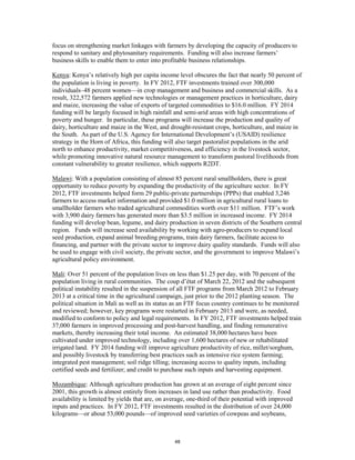 focus on strengthening market linkages with farmers by developing the capacity of producers to 
respond to sanitary and phytosanitary requirements. Funding will also increase farmers’ 
business skills to enable them to enter into profitable business relationships. 
Kenya: Kenya’s relatively high per capita income level obscures the fact that nearly 50 percent of 
the population is living in poverty. In FY 2012, FTF investments trained over 300,000 
individuals–48 percent women—in crop management and business and commercial skills. As a 
result, 322,572 farmers applied new technologies or management practices in horticulture, dairy 
and maize, increasing the value of exports of targeted commodities to $16.0 million. FY 2014 
funding will be largely focused in high rainfall and semi-arid areas with high concentrations of 
poverty and hunger. In particular, these programs will increase the production and quality of 
dairy, horticulture and maize in the West, and drought-resistant crops, horticulture, and maize in 
the South. As part of the U.S. Agency for International Development’s (USAID) resilience 
strategy in the Horn of Africa, this funding will also target pastoralist populations in the arid 
north to enhance productivity, market competitiveness, and efficiency in the livestock sector, 
while promoting innovative natural resource management to transform pastoral livelihoods from 
constant vulnerability to greater resilience, which supports R2DT. 
Malawi: With a population consisting of almost 85 percent rural smallholders, there is great 
opportunity to reduce poverty by expanding the productivity of the agriculture sector. In FY 
2012, FTF investments helped form 29 public-private partnerships (PPPs) that enabled 3,246 
farmers to access market information and provided $1.0 million in agricultural rural loans to 
smallholder farmers who traded agricultural commodities worth over $11 million. FTF’s work 
with 3,900 dairy farmers has generated more than $3.5 million in increased income. FY 2014 
funding will develop bean, legume, and dairy production in seven districts of the Southern central 
region. Funds will increase seed availability by working with agro-producers to expand local 
seed production, expand animal breeding programs, train dairy farmers, facilitate access to 
financing, and partner with the private sector to improve dairy quality standards. Funds will also 
be used to engage with civil society, the private sector, and the government to improve Malawi’s 
agricultural policy environment. 
Mali: Over 51 percent of the population lives on less than $1.25 per day, with 70 percent of the 
population living in rural communities. The coup d’état of March 22, 2012 and the subsequent 
political instability resulted in the suspension of all FTF programs from March 2012 to February 
2013 at a critical time in the agricultural campaign, just prior to the 2012 planting season. The 
political situation in Mali as well as its status as an FTF focus country continues to be monitored 
and reviewed; however, key programs were restarted in February 2013 and were, as needed, 
modified to conform to policy and legal requirements. In FY 2012, FTF investments helped train 
37,000 farmers in improved processing and post-harvest handling, and finding remunerative 
markets, thereby increasing their total income. An estimated 38,000 hectares have been 
cultivated under improved technology, including over 1,600 hectares of new or rehabilitated 
irrigated land. FY 2014 funding will improve agriculture productivity of rice, millet/sorghum, 
and possibly livestock by transferring best practices such as intensive rice system farming; 
integrated pest management; soil ridge tilling; increasing access to quality inputs, including 
certified seeds and fertilizer; and credit to purchase such inputs and harvesting equipment. 
Mozambique: Although agriculture production has grown at an average of eight percent since 
2001, this growth is almost entirely from increases in land use rather than productivity. Food 
availability is limited by yields that are, on average, one-third of their potential with improved 
inputs and practices. In FY 2012, FTF investments resulted in the distribution of over 24,000 
kilograms—or about 53,000 pounds—of improved seed varieties of cowpeas and soybeans, 
48 
 