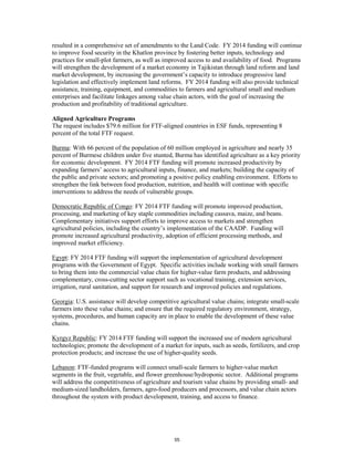 resulted in a comprehensive set of amendments to the Land Code. FY 2014 funding will continue 
to improve food security in the Khatlon province by fostering better inputs, technology and 
practices for small-plot farmers, as well as improved access to and availability of food. Programs 
will strengthen the development of a market economy in Tajikistan through land reform and land 
market development, by increasing the government’s capacity to introduce progressive land 
legislation and effectively implement land reforms. FY 2014 funding will also provide technical 
assistance, training, equipment, and commodities to farmers and agricultural small and medium 
enterprises and facilitate linkages among value chain actors, with the goal of increasing the 
production and profitability of traditional agriculture. 
Aligned Agriculture Programs 
The request includes $79.6 million for FTF-aligned countries in ESF funds, representing 8 
percent of the total FTF request. 
Burma: With 66 percent of the population of 60 million employed in agriculture and nearly 35 
percent of Burmese children under five stunted, Burma has identified agriculture as a key priority 
for economic development. FY 2014 FTF funding will promote increased productivity by 
expanding farmers’ access to agricultural inputs, finance, and markets; building the capacity of 
the public and private sectors; and promoting a positive policy enabling environment. Efforts to 
strengthen the link between food production, nutrition, and health will continue with specific 
interventions to address the needs of vulnerable groups. 
Democratic Republic of Congo: FY 2014 FTF funding will promote improved production, 
processing, and marketing of key staple commodities including cassava, maize, and beans. 
Complementary initiatives support efforts to improve access to markets and strengthen 
agricultural policies, including the country’s implementation of the CAADP. Funding will 
promote increased agricultural productivity, adoption of efficient processing methods, and 
improved market efficiency. 
Egypt: FY 2014 FTF funding will support the implementation of agricultural development 
programs with the Government of Egypt. Specific activities include working with small farmers 
to bring them into the commercial value chain for higher-value farm products, and addressing 
complementary, cross-cutting sector support such as vocational training, extension services, 
irrigation, rural sanitation, and support for research and improved policies and regulations. 
Georgia: U.S. assistance will develop competitive agricultural value chains; integrate small-scale 
farmers into these value chains; and ensure that the required regulatory environment, strategy, 
systems, procedures, and human capacity are in place to enable the development of these value 
chains. 
Kyrgyz Republic: FY 2014 FTF funding will support the increased use of modern agricultural 
technologies; promote the development of a market for inputs, such as seeds, fertilizers, and crop 
protection products; and increase the use of higher-quality seeds. 
Lebanon: FTF-funded programs will connect small-scale farmers to higher-value market 
segments in the fruit, vegetable, and flower greenhouse/hydroponic sector. Additional programs 
will address the competitiveness of agriculture and tourism value chains by providing small- and 
medium-sized landholders, farmers, agro-food producers and processors, and value chain actors 
throughout the system with product development, training, and access to finance. 
55 
 