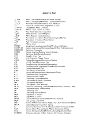 Acronym List 
ACSBS Africa Conflict Stabilization and Border Security 
ACOTA Africa Contingency Operations Training and Assistance 
AEECA Assistance for Europe, Eurasia, and Central Asia 
AF Bureau of African Affairs, Department of State 
AFRICOM United States Africa Command 
AMISON African Union Mission in Somalia 
APEC Asia Pacific Economic Cooperation 
AQIM Al-Qaeda in the Islamic Maghreb 
ARCT Africa Regional Counterterrorism 
ARF Association of Southeast Asian Nations Regional Forum 
ASEAN Association of Southeast Asian Nations 
ATA Anti-Terrorism Assistance 
AU African Union 
CAADP Comprehensive Africa Agricultural Development Program 
CAFTA-DR Central American and Dominican Republic Free Trade Agreement 
CARICOM Caribbean Community 
CARSI Central American Regional Security Initiative 
CBSI Caribbean Basin Security Initiative 
CCF Complex Crises Fund 
CDC U.S. Centers for Disease Control 
CDCS Country Development Cooperation Strategy 
CIF USAID Capital Investment Fund 
CIO Contributions to International Organizations 
CIPA Contributions for International Peacekeeping Activities 
COP Country Operational Plan 
CSO Civil Society Organization 
CT Bureau of Counterterrorism, Department of State 
CTE Counterterrorism Engagement 
CTF Counterterrorism Finance 
CVE Countering Violent Extremism 
CWD Conventional Weapons Destruction 
DA Development Assistance 
DCA Development Credit Authority 
DCHA Bureau for Democracy, Conflict and Humanitarian Assistance, USAID 
DEA Drug Enforcement Administration 
DF Democracy Fund 
DG Democracy and Governance 
DoD Department of Defense 
DOJ Department of Justice 
DOTS Directly Observed Treatment Short-Course protocol 
DQA Data Quality Assessment 
DRL Bureau of Democracy, Human Rights, and Labor, Department of State 
DSCA Defense Security Cooperation Agency 
E3 Bureau for Economic Growth, Education and Environment, USAID 
EAP Bureau of East Asia and Pacific Affairs, Department of State 
ECA Bureau of Educational and Cultural Affairs, Department of State 
EC-LEDS Enhancing Capacity for Low Emission Development Strategies 
 
