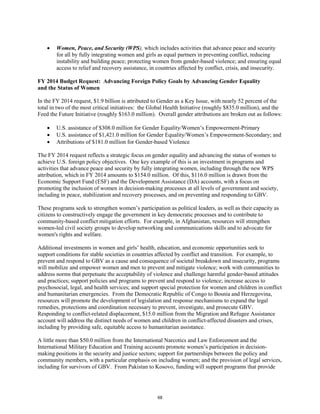 • Women, Peace, and Security (WPS), which includes activities that advance peace and security 
for all by fully integrating women and girls as equal partners in preventing conflict, reducing 
instability and building peace; protecting women from gender-based violence; and ensuring equal 
access to relief and recovery assistance, in countries affected by conflict, crisis, and insecurity. 
FY 2014 Budget Request: Advancing Foreign Policy Goals by Advancing Gender Equality 
and the Status of Women 
In the FY 2014 request, $1.9 billion is attributed to Gender as a Key Issue, with nearly 52 percent of the 
total in two of the most critical initiatives: the Global Health Initiative (roughly $835.0 million), and the 
Feed the Future Initiative (roughly $163.0 million). Overall gender attributions are broken out as follows: 
• U.S. assistance of $308.0 million for Gender Equality/Women’s Empowerment-Primary 
• U.S. assistance of $1,421.0 million for Gender Equality/Women’s Empowerment-Secondary; and 
• Attributions of $181.0 million for Gender-based Violence 
The FY 2014 request reflects a strategic focus on gender equality and advancing the status of women to 
achieve U.S. foreign policy objectives. One key example of this is an investment in programs and 
activities that advance peace and security by fully integrating women, including through the new WPS 
attribution, which in FY 2014 amounts to $154.0 million. Of this, $116.0 million is drawn from the 
Economic Support Fund (ESF) and the Development Assistance (DA) accounts, with a focus on 
promoting the inclusion of women in decision-making processes at all levels of government and society, 
including in peace, stabilization and recovery processes, and on preventing and responding to GBV. 
These programs seek to strengthen women’s participation as political leaders, as well as their capacity as 
citizens to constructively engage the government in key democratic processes and to contribute to 
community-based conflict mitigation efforts. For example, in Afghanistan, resources will strengthen 
women-led civil society groups to develop networking and communications skills and to advocate for 
women's rights and welfare. 
Additional investments in women and girls’ health, education, and economic opportunities seek to 
support conditions for stable societies in countries affected by conflict and transition. For example, to 
prevent and respond to GBV as a cause and consequence of societal breakdown and insecurity, programs 
will mobilize and empower women and men to prevent and mitigate violence; work with communities to 
address norms that perpetuate the acceptability of violence and challenge harmful gender-based attitudes 
and practices; support policies and programs to prevent and respond to violence; increase access to 
psychosocial, legal, and health services; and support special protection for women and children in conflict 
and humanitarian emergencies. From the Democratic Republic of Congo to Bosnia and Herzegovina, 
resources will promote the development of legislation and response mechanisms to expand the legal 
remedies, protections and coordination necessary to prevent, investigate, and prosecute GBV. 
Responding to conflict-related displacement, $15.0 million from the Migration and Refugee Assistance 
account will address the distinct needs of women and children in conflict-affected disasters and crises, 
including by providing safe, equitable access to humanitarian assistance. 
A little more than $50.0 million from the International Narcotics and Law Enforcement and the 
International Military Education and Training accounts promote women’s participation in decision-making 
positions in the security and justice sectors; support for partnerships between the policy and 
community members, with a particular emphasis on including women; and the provision of legal services, 
including for survivors of GBV. From Pakistan to Kosovo, funding will support programs that provide 
68 
 