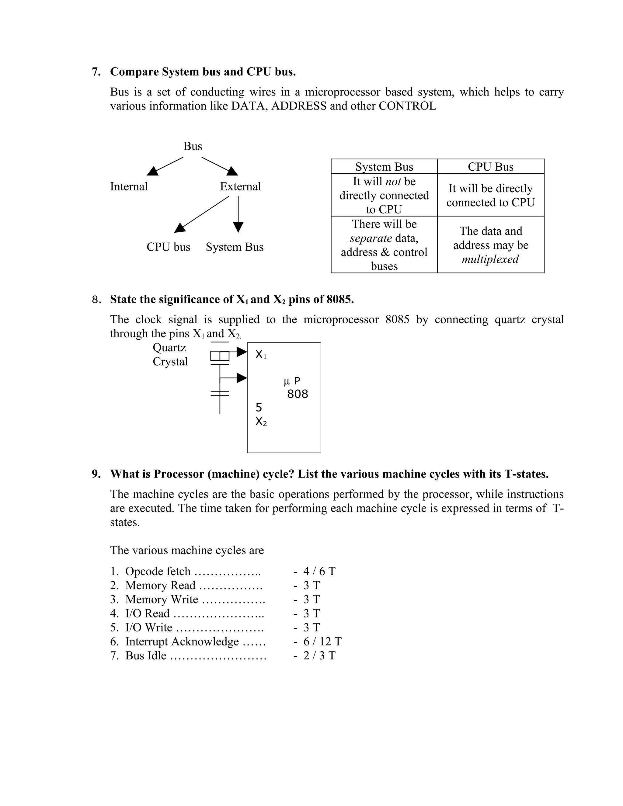7. Compare System bus and CPU bus.
Bus is a set of conducting wires in a microprocessor based system, which helps to carry
various information like DATA, ADDRESS and other CONTROL
Bus
Internal External
CPU bus System Bus
System Bus CPU Bus
It will not be
directly connected
to CPU
It will be directly
connected to CPU
There will be
separate data,
address & control
buses
The data and
address may be
multiplexed
8. State the significance of X1 and X2 pins of 8085.
The clock signal is supplied to the microprocessor 8085 by connecting quartz crystal
through the pins X1 and X2.
Quartz
Crystal
9. What is Processor (machine) cycle? List the various machine cycles with its T-states.
The machine cycles are the basic operations performed by the processor, while instructions
are executed. The time taken for performing each machine cycle is expressed in terms of T-
states.
The various machine cycles are
1. Opcode fetch …………….. - 4 / 6 T
2. Memory Read ……………. - 3 T
3. Memory Write ……………. - 3 T
4. I/O Read ………………….. - 3 T
5. I/O Write …………………. - 3 T
6. Interrupt Acknowledge …… - 6 / 12 T
7. Bus Idle …………………… - 2 / 3 T
X1
µ P
808
5
X2
 