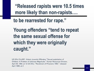 111
“Released rapists were 10.5 times
more likely than non-rapists….
to be rearrested for rape.”
Young offenders “tend to repeat
the same sexual offense for
which they were originally
caught.”
US DOJ/OJJDP, Violent Juvenile Offenders “Sexual exploitation of
Children: A Problem of Unknown Magnitude,” Human Resources Division,
April 20, 1982, at 12 US DOJ, “Recidivism of Prisoners 1983,” released
April 1989, at 2
 