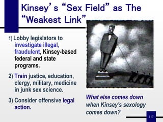 117
Kinsey’s “Sex Field” as The
“Weakest Link”
1) Lobby legislators to
investigate illegal,
fraudulent, Kinsey-based
federal and state
programs.
2) Train justice, education,
clergy, military, medicine
in junk sex science.
3) Consider offensive legal
action.
What else comes down
when Kinsey’s sexology
comes down?
 