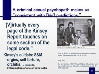 24
A criminal sexual psychopath makes us
“consistent with [his] predictions.”
“[V]irtually every
page of the Kinsey
Report touches on
some section of the
legal code.”
Kinsey’s cultists: S&M
orgies, self torture,
orchitis… trauma to,
inflammation of one or both testis
Ernst, M., & Loth, D., American Sexual Behavior and the Kinsey
Report, Graystone Press, New York, at 28, 132.
Philip Reiff;
See also Wechsler, 1955, “A Thoughtful Code of Substantive Law,”
Journal of Criminal Law, Criminality, and Police Science, Vol. 45,
1955, at 524-525.
 