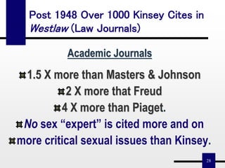 28
Academic Journals
1.5 X more than Masters & Johnson
2 X more that Freud
4 X more than Piaget.
No sex “expert” is cited more and on
more critical sexual issues than Kinsey.
Post 1948 Over 1000 Kinsey Cites in
Westlaw (Law Journals)
 
