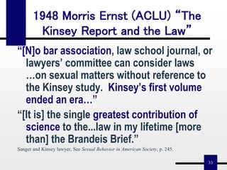 33
“[N]o bar association, law school journal, or
lawyers’ committee can consider laws
…on sexual matters without reference to
the Kinsey study. Kinsey’s first volume
ended an era…”
“[It is] the single greatest contribution of
science to the...law in my lifetime [more
than] the Brandeis Brief.”
Sanger and Kinsey lawyer, See Sexual Behavior in American Society, p. 245.
1948 Morris Ernst (ACLU) “The
Kinsey Report and the Law”
 