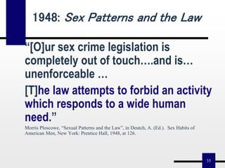 35
“[O]ur sex crime legislation is
completely out of touch….and is…
unenforceable …
[T]he law attempts to forbid an activity
which responds to a wide human
need.”
Morris Ploscowe, “Sexual Patterns and the Law”, in Deutch, A. (Ed.). Sex Habits of
American Men, New York: Prentice Hall, 1948, at 126.
1948: Sex Patterns and the Law
 