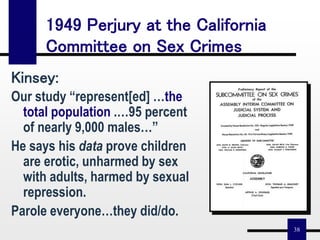 38
Kinsey:
Our study “represent[ed] …the
total population .…95 percent
of nearly 9,000 males…”
He says his data prove children
are erotic, unharmed by sex
with adults, harmed by sexual
repression.
Parole everyone…they did/do.
1949 Perjury at the California
Committee on Sex Crimes
 