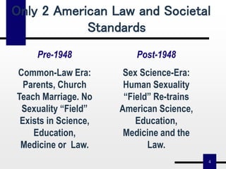 4
Only 2 American Law and Societal
Standards
Pre-1948
Common-Law Era:
Parents, Church
Teach Marriage. No
Sexuality “Field”
Exists in Science,
Education,
Medicine or Law.
Post-1948
Sex Science-Era:
Human Sexuality
“Field” Re-trains
American Science,
Education,
Medicine and the
Law.
 
