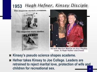 45
Kinsey’s pseudo science shapes academe.
Hefner takes Kinsey to Joe College. Leaders are
retrained to reject marital love, protection of wife and
children for recreational sex.
1953
 
