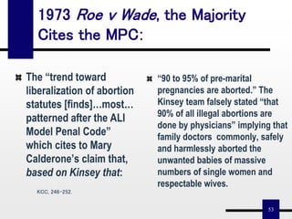53
1973 Roe v Wade, the Majority
Cites the MPC:
The “trend toward
liberalization of abortion
statutes [finds]…most…
patterned after the ALI
Model Penal Code”
which cites to Mary
Calderone’s claim that,
based on Kinsey that:
“90 to 95% of pre-marital
pregnancies are aborted.” The
Kinsey team falsely stated “that
90% of all illegal abortions are
done by physicians” implying that
family doctors commonly, safely
and harmlessly aborted the
unwanted babies of massive
numbers of single women and
respectable wives.
KCC, 246-252.
 