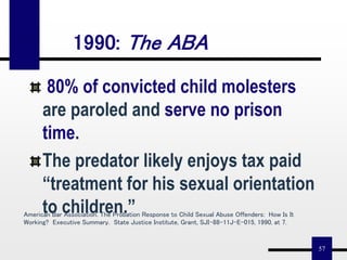 57
1990: The ABA
80% of convicted child molesters
are paroled and serve no prison
time.
The predator likely enjoys tax paid
“treatment for his sexual orientation
to children.”American Bar Association. The Probation Response to Child Sexual Abuse Offenders: How Is It
Working? Executive Summary. State Justice Institute, Grant, SJI-88-11J-E-015, 1990, at 7.
 