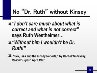 62
No “Dr. Ruth” without Kinsey
“I don’t care much about what is
correct and what is not correct”
says Ruth Westheimer…
“Without him I wouldn’t be Dr.
Ruth!”
“Sex, Lies and the Kinsey Reports,” by Rachel Wildavsky,
Reader’ Digest, April 1997.
 
