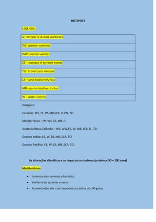 HOTSPOTS
LEGENDA:
D: increase in disease outbreaks
WS: warmer summers
WW: warmer winters
EE – Increase in extreme events
TCI- Travel costs increase
LB – land biodiversity loss
MB- marina biodiversity loss
W – water scarcity
Hotspots:
Caraíbas: WS, EE, W, MB,SCR, D, PD, TCI
Mediterrâneo – W, WS, LB, MB, D
Austrália/Nova Zelândia – WS, WW,EE, W, MB, SCR, D , TCI
Oceano Indico: EE, W, LB, MB, SCR, TCI
Oceano Pacifico- EE, W, LB, MB, SCR, TCI
As alterações climáticas e os impactos no turismo (próximos 50 – 100 anos)
Mediterrâneo
 Invernos mais amenos e húmidos
 Verões mais quentes e secos
 Aumento do calor com temperatura acima dos 40 graus
 