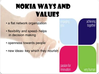	Nokia ways and 				values• a flat network organization• flexibility and speed- helps    in decision making• openness towards people• new ideas- key which they nourish