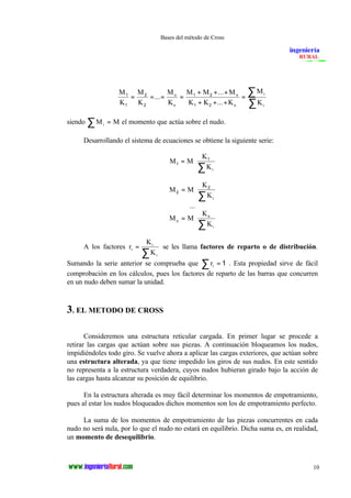 Bases del método de Cross 
= å se les llama factores de reparto o de distribución. 
10 
M 
K 
M 
K 
M 
M M M 
å 
... 
= K 
K K K 
å M 
K 
n 
n 
n 
n 
i 
i 
1 
1 
2 
2 
1 2 
1 2 
= = = = 
+ + ... 
+ 
+ + ... 
+ 
siendo M M i å = el momento que actúa sobre el nudo. 
Desarrollando el sistema de ecuaciones se obtiene la siguiente serie: 
M M 
K 
Ki 
1 
= × 1 å 
M M 
K 
Ki 
2 
= × 2 å 
... 
K 
K n 
M M 
n 
i 
= ×å 
K 
K i 
A los factores r 
i 
i 
Sumando la serie anterior se comprueba que ri å = 1 . Esta propiedad sirve de fácil 
comprobación en los cálculos, pues los factores de reparto de las barras que concurren 
en un nudo deben sumar la unidad. 
3. EL METODO DE CROSS 
Consideremos una estructura reticular cargada. En primer lugar se procede a 
retirar las cargas que actúan sobre sus piezas. A continuación bloqueamos los nudos, 
impidiéndoles todo giro. Se vuelve ahora a aplicar las cargas exteriores, que actúan sobre 
una estructura alterada, ya que tiene impedido los giros de sus nudos. En este sentido 
no representa a la estructura verdadera, cuyos nudos hubieran girado bajo la acción de 
las cargas hasta alcanzar su posición de equilibrio. 
En la estructura alterada es muy fácil determinar los momentos de empotramiento, 
pues al estar los nudos bloqueados dichos momentos son los de empotramiento perfecto. 
La suma de los momentos de empotramiento de las piezas concurrentes en cada 
nudo no será nula, por lo que el nudo no estará en equilibrio. Dicha suma es, en realidad, 
un momento de desequilibrio. 
 