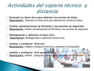  Escanear su disco duro para detectar los errores de datos
 Descripción:  Escanear su disco duro para detectar los errores de datos.
 Instalar actualizaciones de Windows y los parches de seguridad
 Descripción: Instalar actualizaciones de Windows y los parches de seguridad.
 Defragmentar y optimizar el disco duro
  Descripción: Desfragmentar y optimizar el disco duro.
 
 Instalar y configurar  Antivirus
 Descripción: Instalar y configurar Antivirus y escanear el computador.
 Instalar y configurar  Anti-spyware
 Descripción: Instalar , configurar Anti-spyware y escanear el computador.
 