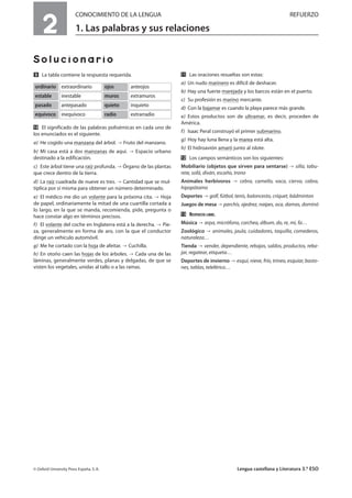 2
CONOCIMIENTO DE LA LENGUA REFUERZO
1. Las palabras y sus relaciones
Solucionario
Ẍ La tabla contiene la respuesta requerida.
ẍẖ El significado de las palabras polisémicas en cada uno de
los enunciados es el siguiente.
a) He cogido una manzana del árbol. Fruto del manzano.
b) Mi casa está a dos manzanas de aquí. Espacio urbano
destinado a la edificación.
c) Este árbol tiene una raíz profunda. Órgano de las plantas
que crece dentro de la tierra.
d) La raíz cuadrada de nueve es tres. Cantidad que se mul-
tiplica por sí misma para obtener un número determinado.
e) El médico me dio un volante para la próxima cita. Hoja
de papel, ordinariamente la mitad de una cuartilla cortada a
lo largo, en la que se manda, recomienda, pide, pregunta o
hace constar algo en términos precisos.
f) El volante del coche en Inglaterra está a la derecha. Pie-
za, generalmente en forma de aro, con la que el conductor
dirige un vehículo automóvil.
g) Me he cortado con la hoja de afeitar. Cuchilla.
h) En otoño caen las hojas de los árboles. Cada una de las
láminas, generalmente verdes, planas y delgadas, de que se
visten los vegetales, unidas al tallo o a las ramas.
ẍẍ Las oraciones resueltas son estas:
a) Un nudo marinero es difícil de deshacer.
b) Hay una fuerte marejada y los barcos están en el puerto.
c) Su profesión es marino mercante.
d) Con la bajamar es cuando la playa parece más grande.
e) Estos productos son de ultramar, es decir, proceden de
América.
f) Isaac Peral construyó el primer submarino.
g) Hoy hay luna llena y la marea está alta.
h) El hidroavión amaró junto al islote.
ẍẎ Los campos semánticos son los siguientes:
Mobiliario (objetos que sirven para sentarse) silla, tabu-
rete, sofá, diván, escaño, trono
Animales herbívoros cebra, camello, vaca, ciervo, cabra,
hipopótamo
Deportes golf, fútbol, tenis, baloncesto, críquet, bádminton
Juegos de mesa parchís, ajedrez, naipes, oca, damas, dominó
ẍẏ RESPUESTA LIBRE.
Música arpa, micrófono, corchea, álbum, do, re, mi, fa…
Zoológico animales, jaula, cuidadores, taquilla, comederos,
naturaleza…
Tienda vender, dependiente, rebajas, saldos, productos, reba-
jar, regatear, etiqueta…
Deportes de invierno esquí, nieve, frío, trineo, esquiar, basto-
nes, tablas, teleférico…
© Oxford University Press España, S. A. Lengua castellana y Literatura 3.º ESO
extraordinarioordinario anteojosojos
inestableestable extramurosmuros
antepasadopasado inquietoquieto
inequívocoequívoco extrarradioradio
 
