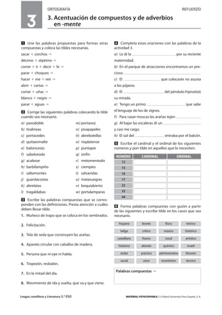 Lengua castellana y Literatura 3.º ESO MATERIAL FOTOCOPIABLE / © Oxford University Press España, S. A.
3
ORTOGRAFÍA REFUERZO
3. Acentuación de compuestos y de adverbios
en -mente
MULTICULTURALIDADADAPTACIONESCURRICULARESEVALUACIÓNDECOMPETENCIASPRUEBASDEEVALUACIÓNACTIVIDADESDEREFUERZO
Ẅ Une las palabras propuestas para formas otras
compuestas y coloca las tildes necesarias.
sacar ϩ corchos
décimo ϩ séptimo
correr ϩ ir ϩ decir ϩ le
parar ϩ choques
hacer ϩ me ϩ reír
abrir ϩ cartas
cortar ϩ uñas
blanco ϩ negro
parar ϩ aguas
ẅ Corrige las siguientes palabras colocando la tilde
cuando sea necesario.
a) pasodoble m) portavoz
b) tiralineas n) pisapapeles
c) portacedes ñ) abrebotellas
d) quitaesmalte o) rioplatense
e) baloncesto p) puntapie
f) sabelotodo q) sinfin
g) acabose r) metomentodo
h) barbilampiño s) ciempies
i) saltamontes t) salvavidas
j) guardacostas u) matasuegras
k) abrelatas v) boquiabierto
l) tragaldabas w) portalamparas
Ẇ Escribe las palabras compuestas que se corres-
ponden con las definiciones. Presta atención a cuáles
deben llevar tilde.
1. Muñeco de trapo que se coloca en los sembrados.
2. Felicitación.
3. Tela de seda que construyen las arañas.
4. Aparato circular con caballos de madera.
5. Persona que ni oye ni habla.
6. Tropezón, resbalón.
7. En la mitad del día.
8. Movimiento de ida y vuelta, que va y que viene.
ẇ Completa estas oraciones con las palabras de la
actividad 3.
a) Le di la por su reciente
maternidad.
b) En el parque de atracciones encontramos un pre-
cioso
c) El que colocaste no asusta
a los pájaros.
d) El del péndulo hipnotizó
su mirada.
e) Tengo un primo que sabe
el lenguaje de los de signos.
f) Para cazar moscas las arañas tejen
g) Al bajar las escaleras di un
y casi me caigo.
h) El sol del entraba por el balcón.
Ẉ Escribe el cardinal y el ordinal de los siguientes
números y pon tilde en aquellos que lo necesiten.
ẉ Forma palabras compuestas con guión a partir
de las siguientes y escribe tilde en los casos que sea
necesario.
NÚMERO CARDINAL
12
ORDINAL
15
16
17
22
33
44
hispano leonés físico teórico
belga crítico músico histórico
castellano franco vocal artístico
histórico alemán químico israelí
árabe práctico administrativo literario
social astur económico técnico
Palabras compuestas
 