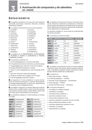 3
ORTOGRAFÍA REFUERZO
3. Acentuación de compuestos y de adverbios
en -mente
Solucionario
Ẅ Las palabras resultantes son sacacorchos, decimoséptimo,
correveidile, parachoques, hazmerreír, abrecartas, cortaúñas,
blanquinegro, paraguas.
ẅ Las palabras correctamente escritas son las siguientes:
a) pasodoble m)portavoz
b) tiralíneas n) pisapapeles
c) portacedés ñ) abrebotellas
d) quitaesmalte o) rioplatense
e) baloncesto p) puntapié
f) sabelotodo q) sinfín
g) acabose r) metomentodo
h) barbilampiño s) ciempiés
i) saltamontes t) salvavidas
j) guardacostas u) matasuegras
k) abrelatas v) boquiabierto
l) tragaldabas w) portalámparas
Ẇ Las palabras son 1. ESPANTAPÁJAROS. 2. ENHORABUENA.
3. TELARAÑA. 4. TIOVIVO. 5. SORDOMUDO. 6. TRASPIÉS.
7. MEDIODÍA. 8. VAIVÉN.
ẇ Las oraciones resultantes son:
a) Le di la enhorabuena por su reciente maternidad.
b) En el parque de atracciones encontramos un precioso tiovivo.
c) El espantapájaros que colocaste no asusta a los pájaros.
d) El vaivén del péndulo hipnotizó su mirada.
e) Tengo un primo sordomudo que sabe el lenguaje de los
signos.
f) Para cazar moscas las arañas tejen telarañas.
g) Al bajar las escaleras di un traspiés y casi me caigo.
h) El sol del mediodía entraba por el balcón.
Ẉ La respuesta es: 12: doce, duodécimo; 15: quince, decimo-
quinto; 16: dieciséis, decimosexto; 17: diecisiete, decimoséptimo;
22: veintidós, vigesimosegundo; 33: treinta y tres, trigesimotercero;
44: cuarenta y cuatro, cuadragesimocuarto.
ẉ Las palabras compuestas son hispano-belga, franco-alemán,
histórico-crítico, castellano-leonés, músico-vocal, físico-químico,
teórico-práctico, histórico-artístico, artístico-literario, árabe-israelí,
astur-leonés, técnico-administrativo, socio-económico.
Ẋ Los adverbios acabados en -mente resultantes se incluyen
en la tabla.
ẋ Las palabras correctamente escritas son tristemente, lineal-
mente, lentamente, últimamente, plácidamente, inútilmente,
decorosamente, educadamente, extraordinariamente, soberana-
mente, cálidamente, estrictamente, opíparamente, desgraciada-
mente, próximamente y olímpicamente.
Los adverbios acabados en -mente conservan la tilde del adje-
tivo del que proceden.
Ẍ La respuesta se incluye en la tabla.
ẍẖ Las palabras correctamente escritas son vístete, olvidósele,
vayámonos, váyase, dile, mírame, dámelo, ponéoslo, habiéndo-
senos, comprádselo, vendédselo, tráetelo, marchémonos, óyeme,
límpiate, llévatelo, pidiéndoselo y explicádnoslo.
ẍẍ La respuesta es:
a) Pide a Juan el coche. Pídeselo.
b) Escribe una redacción. Escríbela.
c) Devuelve a Luis el sacapuntas. Devuélveselo.
d) Ponte este traje. Póntelo.
e) Cuenta esta historia a Ana. Cuéntasela.
ẍẎ La respuesta requerida es:
ț arrastrábanse: es palabra esdrújula.
ț arropábalos: es esdrújula.
ț mantenerlos: llana acabada en -s.
ț oyose: llana acabada en vocal.
ț renovose: llana acabada en vocal.
ț tristemente: adverbio que procede de triste. Sin tilde.
ț callose: palabra llana acabada en vocal.
ț envolviolos: palabra llana acabada en vocal.
ț sintiéndose: es esdrújula.
ț sobresaltándose: es esdrújula.
© Oxford University Press España, S. A. Lengua castellana y Literatura 3.º ESO
antiguamenteantiguo fielmentefiel
tímidamentetímida difícilmentedifícil
ágilmenteágil rápidamenterápida
fríamentefría dignamentedigna
prácticamentepráctico cómodamentecómoda
buenamentebuena lentamentelenta
fácilmentefácil gentilmentegentil
vanamentevana magníficamentemagnífica
VERBO
caer
IMPERATIVO
cae
PRONOMBRE
te
SOLUCIÓN
cáete
pedir pide me + lo pídemelo
devolver devuelve nos + lo devuélvenoslo
volver vuelve te vuélvete
sentar sienta te siéntate
sacar saca se + los sácaselos
contar cuenta se + las cuéntaselas
sumar suma se + lo súmaselo
decir di me + lo dímelo
ayudar ayuda me ayúdame
 