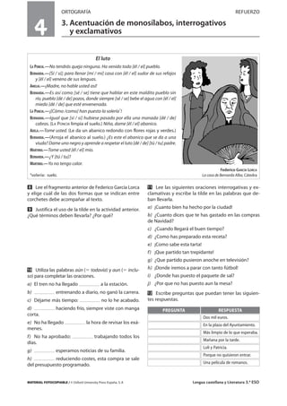 43MATERIAL FOTOCOPIABLE / © Oxford University Press España, S. A Lengua castellana y Literatura 3.º ESO
ORTOGRAFÍA REFUERZO
3. Acentuación de monosílabos, interrogativos
y exclamativos
MULTICULTURALIDADADAPTACIONESCURRICULARESEVALUACIÓNDECOMPETENCIASPRUEBASDEEVALUACIÓNACTIVIDADESDEREFUERZO
ẋ Lee el fragmento anterior de Federico García Lorca
y elige cuál de las dos formas que se indican entre
corchetes debe acompañar al texto.
Ẍ Justifica el uso de la tilde en la actividad anterior.
¿Qué términos deben llevarla? ¿Por qué?
ẍẖ Utiliza las palabras aún (ϭ todavía) y aun (ϭ inclu-
so) para completar las oraciones.
a) El tren no ha llegado a la estación.
b) entrenando a diario, no ganó la carrera.
c) Déjame más tiempo: no lo he acabado.
d) haciendo frío, siempre viste con manga
corta.
e) No ha llegado la hora de revisar los exá-
menes.
f) No ha aprobado: trabajando todos los
días.
g) esperamos noticias de su familia.
h) reduciendo costes, esta compra se sale
del presupuesto programado.
ẍẍ Lee las siguientes oraciones interrogativas y ex-
clamativas y escribe la tilde en las palabras que de-
ban llevarla.
a) ¡Cuanto bien ha hecho por la ciudad!
b) ¿Cuanto dices que te has gastado en las compras
de Navidad?
c) ¿Cuando llegará el buen tiempo?
d) ¿Como has preparado esta receta?
e) ¡Como sabe esta tarta!
f) ¡Que partido tan trepidante!
g) ¿Que partido pusieron anoche en televisión?
h) ¡Donde iremos a parar con tanto fútbol!
i) ¿Donde has puesto el paquete de sal?
j) ¿Por que no has puesto aun la mesa?
ẍẎ Escribe preguntas que puedan tener las siguien-
tes respuestas.
4
El luto
LA PONCIA.—No tendrás queja ninguna. Ha venido todo [él / el] pueblo.
BERNARDA.—[Sí / si]; para llenar [mí / mi] casa con [él / el] sudor de sus refajos
y [él / el] veneno de sus lenguas.
AMELIA.—¡Madre, no hable usted así!
BERNARDA.—Es así como [sé / se] tiene que hablar en este maldito pueblo sin
río, pueblo [dé / de] pozos, donde siempre [sé / se] bebe el agua con [él / el]
miedo [dé / de] que esté envenenada.
LA PONCIA.—¡[Cómo /como] han puesto la solería1
!
BERNARDA.—Igual que [sí / si] hubiese pasado por ella una manada [dé / de]
cabras. (LA PONCIA limpia el suelo.) Niña, dame [él / el] abanico.
ADELA.—Tome usted. (Le da un abanico redondo con flores rojas y verdes.)
BERNARDA.—(Arroja el abanico al suelo.) ¿Es este el abanico que se da a una
viuda? Dame uno negro y aprende a respetar el luto [dé / de] [tú / tu] padre.
MARTIRIO.—Tome usted [él / el] mío.
BERNARDA.—¿Y [tú / tu]?
MARTIRIO.—Yo no tengo calor.
Federico GARCÍA LORCA
1solería: suelo. La casa de Bernarda Alba, Cátedra
PREGUNTA
Dos mil euros.
En la plaza del Ayuntamiento.
Más limpio de lo que esperaba.
Mañana por la tarde.
Loli y Patricia.
Porque no quisieron entrar.
Una película de romanos.
RESPUESTA
 