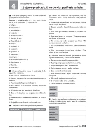 39MATERIAL FOTOCOPIABLE / © Oxford University Press España, S. A Lengua castellana y Literatura 3.º ESO
4
CONOCIMIENTO DE LA LENGUA REFUERZO
1. Sujeto y predicado. El verbo y las perífrasis verbales
MULTICULTURALIDADADAPTACIONESCURRICULARESEVALUACIÓNDECOMPETENCIASPRUEBASDEEVALUACIÓNACTIVIDADESDEREFUERZO
ẉ Fíjate en el ejemplo y analiza las formas verbales
que aparecen a continuación.
Ejemplo habrá llegado 3.ª pers. sing., futuro
perfecto de indicativo, 1.ª conjugación.
a) eligen
b) decidimos
c) compraríais
d) viajaréis
e) hube decidido
f) habíais dicho
g) haya dibujado
h) digo
i) trajisteis
j) decidíais
k) pusimos
l) cantaron
m) compres
n) hubiésemos hablado
ñ) habéis roto
o) ha dicho
p) distraes
Ẋ Subraya el sujeto y rodea el predicado de las
siguientes oraciones.
a) Las latas de conserva están vacías.
b) Hemos preparado las reservas de gasóleo para el
invierno.
c) Tu encargado ha preguntado por ti.
d) Esta mañana ha ocurrido un accidente de circula-
ción terrible.
e) El médico practicó la autopsia al cadáver.
f) Este navío desplaza una carga de dos mil tonela-
das.
g) Durante toda la noche sonó una sirena en la oscu-
ridad.
h) Probablemente el garaje esté cerrado hoy.
ẋ Completa la tabla con ejemplos de perífrasis.
Ẍ Subraya los verbos de los siguientes pares de
oraciones e indica cuáles contienen una perífrasis
verbal.
a) Luisa anda pensando en sus problemas. / Luisa
piensa en sus problemas.
b) Estudia todos los días. / Debes estudiar todos los
días.
c) Juan tiene que hacer sus deberes. / Juan hace sus
deberes.
d) Esta tarde llegará tu hermana. / Esta tarde puede
que llegue tu hermana.
e) Mi compañero vuelve a repetir sus fallos. / Mi
compañero repite sus fallos.
f) Esa chica debe de ser su novia. / Esa chica es su
novia.
g) Elisa y Juan acaban de marcharse a la plaza. / Elisa
y Juan se han ido a la plaza.
ẍẖ Rodea las perífrasis verbales que aparecen en las
siguientes oraciones y clasifícalas en la tabla.
a) Tienes que leer este libro: es magnífico.
b) Tu amiga empieza a resultar muy pedante.
c) Hay que recoger la mesa ahora mismo.
d) Debes levantarte antes por las mañanas.
e) Sigo pensando en tu excusa.
f) Este alumno vuelve a repetir las mismas faltas de
ortografía.
g) Ella puede nadar durante dos horas.
h) Él lleva repasadas cinco unidades.
i) Debes de haber estudiado mucho.
ẍẍ Clasifica las perífrasis modales de las oraciones
de la actividad anterior según sean de obligación,
posibilidad o capacidad.
Perífrasis
temporales
Perífrasis
modales
Perífrasis
de obligación
Perífrasis
de posibilidad
Perífrasis
de capacidad
DE INFINITIVO DE GERUNDIO DE PARTICIPIO
 