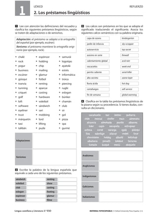 Lengua castellana y Literatura 3.º ESO MATERIAL FOTOCOPIABLE / © Oxford University Press España, S. A.
1
LÉXICO REFUERZO
2. Los préstamos lingüísticos
MULTICULTURALIDADADAPTACIONESCURRICULARESEVALUACIÓNDECOMPETENCIASPRUEBASDEEVALUACIÓNACTIVIDADESDEREFUERZO
Ẅ Lee con atención las definiciones del recuadro y
clasifica los siguientes préstamos lingüísticos, según
se traten de adaptaciones o de xenismos.
ț chalé ț espónsor ț samurái
ț rock ț holding ț logotipo
ț yogur ț chip ț ayatolá
ț business ț mailing ț estrés
ț escáner ț glamur ț informática
ț güisqui ț fútbol ț troica
ț tranvía ț renting ț piercing
ț tunning ț aparcar ț rugbi
ț críquet ț casting ț eslogan
ț golf ț hardware ț búnker
ț loft ț voleibol ț chamán
ț software ț sándwich ț club
ț eyeliner ț sari ț sir
ț trust ț mobbing ț gol
ț márquetin ț lord ț pizza
ț taxi ț lifting ț spa
ț talibán ț puzle ț gurmé
ẅ Escribe la palabra de la lengua española que
equivale a cada uno de los siguientes préstamos.
Ẇ Los calcos son préstamos en los que se adopta el
significado traduciendo el significante. Asocia los
siguientes calcos semánticos con su palabra originaria.
ẇ Clasifica en la tabla los préstamos lingüísticos de
la pizarra según su procedencia. Si tienes dudas, con-
sulta un diccionario.
Adaptación: el préstamo se adapta a la ortografía
del español (por ejemplo, escáner).
Xenismo: el préstamo mantiene la ortografía origi-
naria (por ejemplo, rock).
sándwich renting
voleibol show
club casting
eslogan footing
espónsor glamur
business filme
capa de ozono kindergarten
jardín de infancia sky-scrapper
autoservicio top secret
asesino en serie firewall
calentamiento global acid rain
rascacielos week end
perrito caliente serial killer
alto secreto ozone layer
lluvia ácida hot dog
cortafuegos self-service
fin de semana global warming
cacahuete bar bistec guitarra
chile mezcal chófer maíz almendra
alcancía almohada pantis albacea
líder capó escopeta estropear
azteca corsé naranja ojalá güisqui
tiza sabotaje atacar vedet tour
chovinismo hobby albañil kétchup
albahaca penalti béisbol taracea
tomate buqué menú disquete
Adaptaciones
Xenismos
Arabismos
Anglicismos
Indigenismos
Galicismos
Italianismos
 